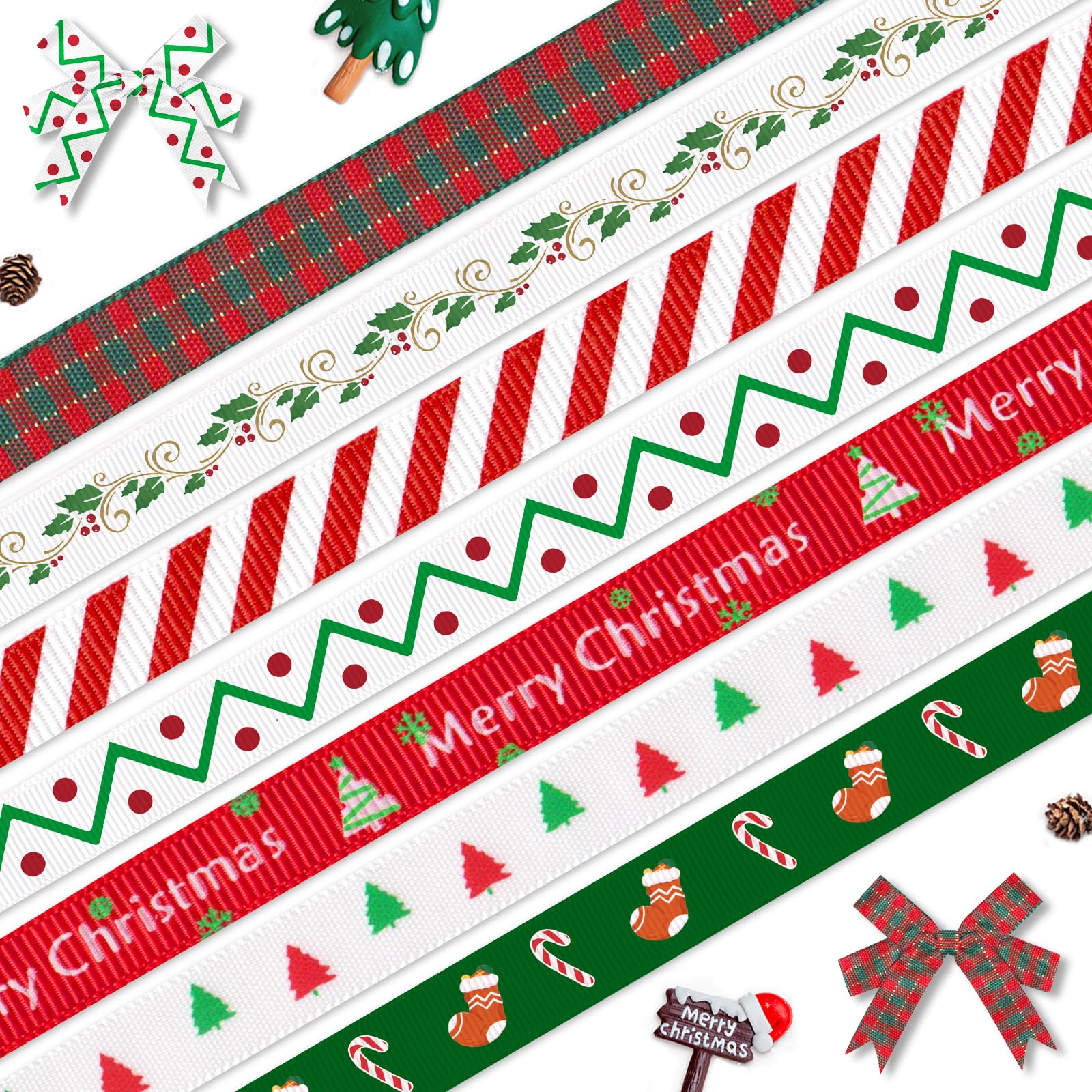 ALIBBON 7 rollos de cinta de grogrén para árbol de Navidad de 35 yardas de 3/8 pulgadas, cintas de grogrén para manualidades, decoración de Navidad, cintas de cuadros rojos y verdes para envolver