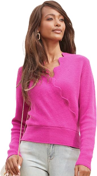 LASCANA Women's Soft Scallop V-Neck Sweater - Chic Surplice Neckline, Fitted Long Sleeves, Wide Fitted Waistband