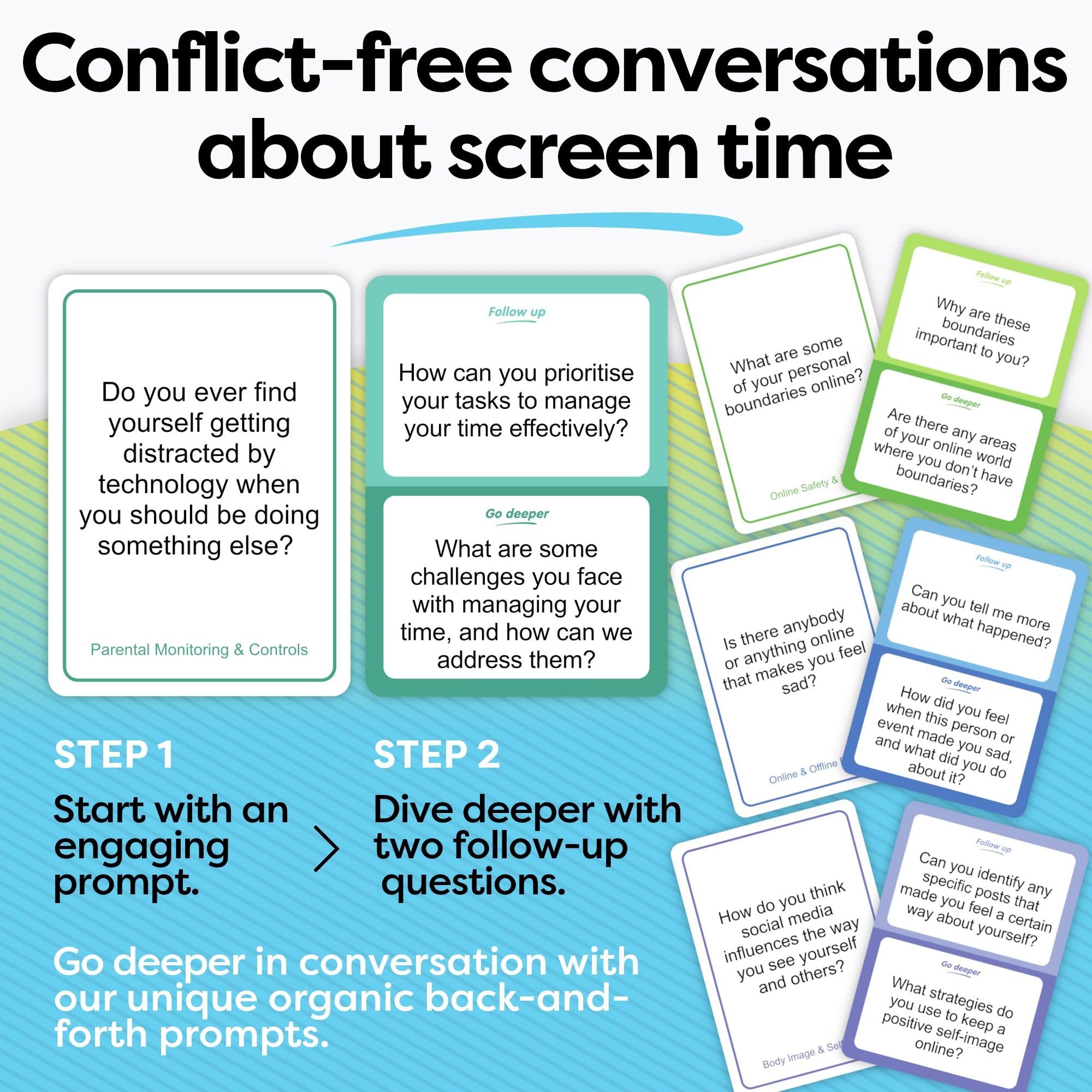 195 Parent Teens Conversation Cards - Support Parents & Teens in Navigating Technology & Social Media Boundaries - Put Down the Phone & Improve Communication - Perfect for Home & Classroom Use - Image 3