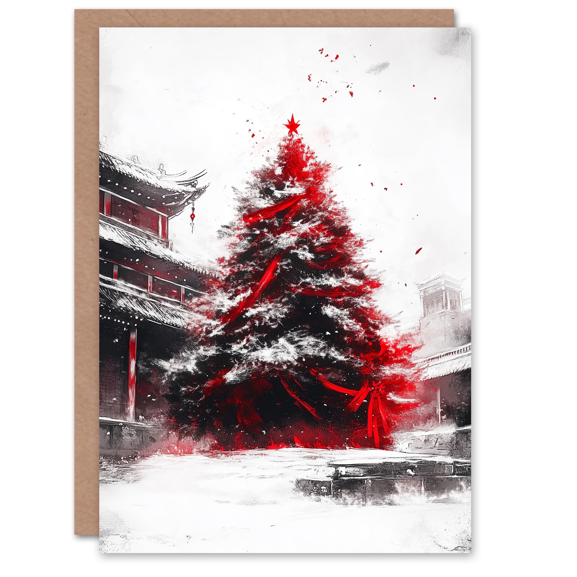 Majestic Tree Snowy Chinese Temple Christmas Fun Gift Festive Xmas Card