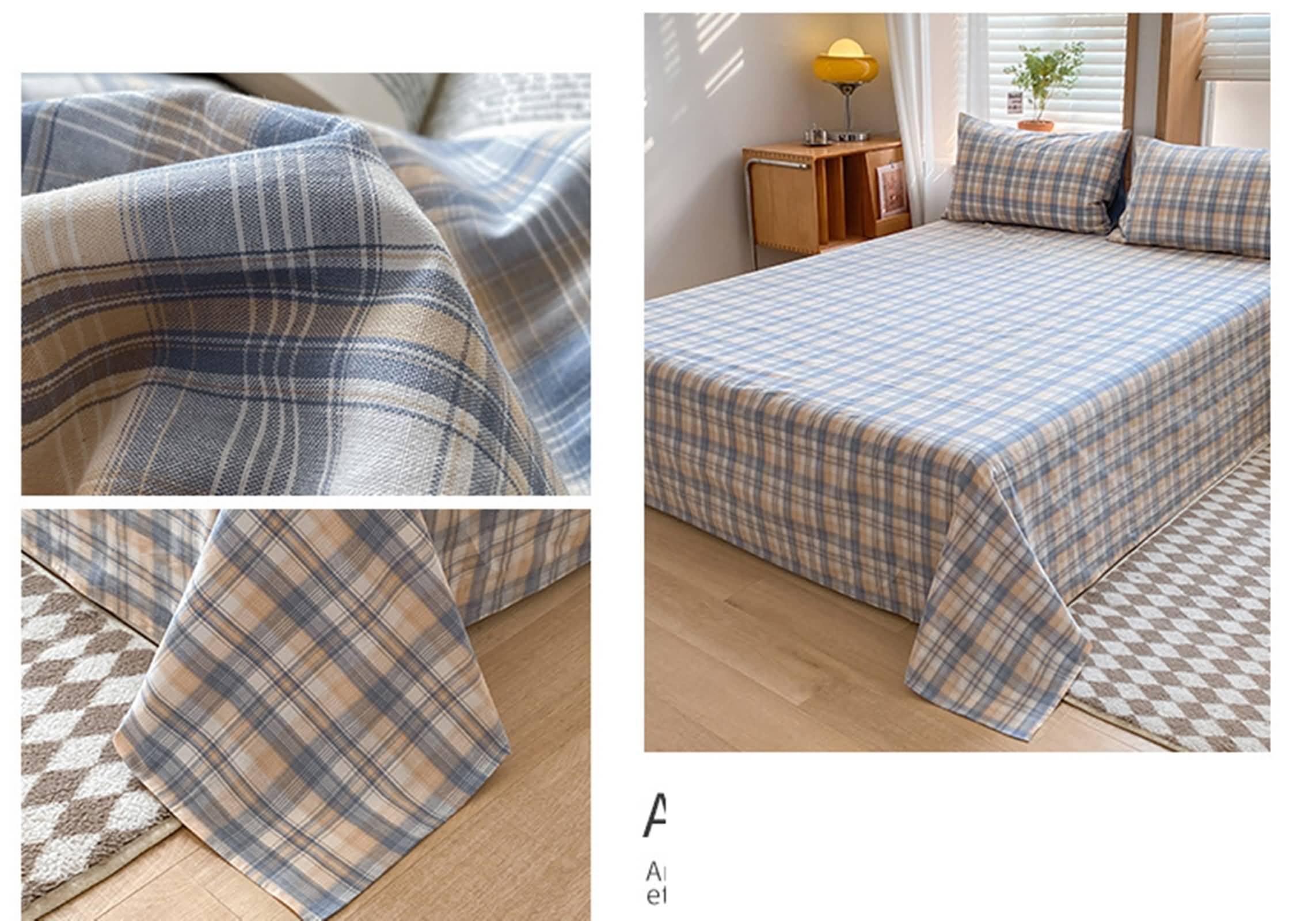 Beydodo Juego de 3 Piezas Sábanas 120 x 230 CM + 2 Fundas Almohada,Algodón Fundas Protectoras de Colchón Patrón de Plaid Azul Caqui