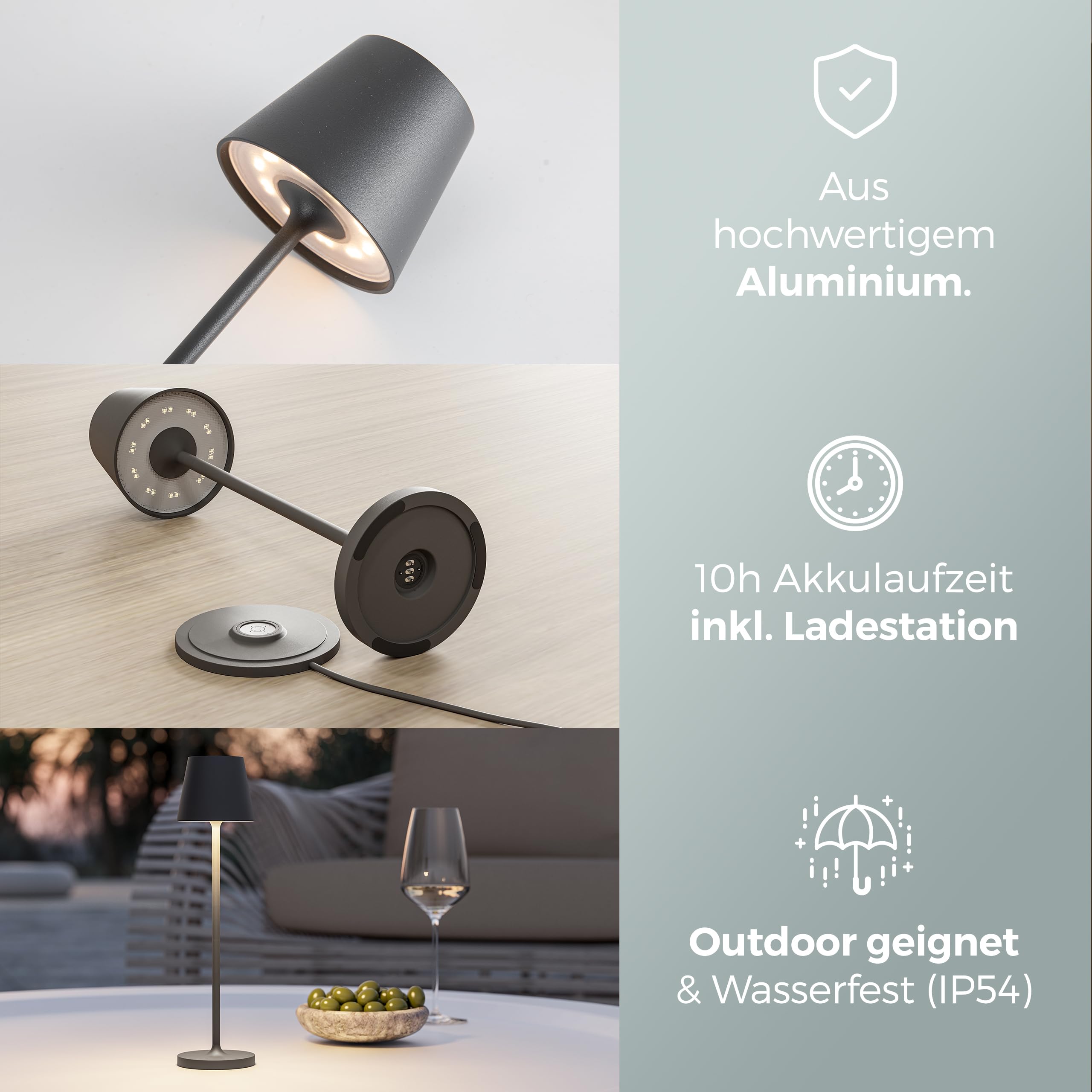 NEONA Tischlampe kabellos dimmbar - 2200mA Akku LED Tischleuchte mit Touch & Ladestation - IP54 Indoor & Outdoor geeignet - Nova Leuchte warmweiß 2700K -leichte & hochwertige Beleuchtung (anthrazit)