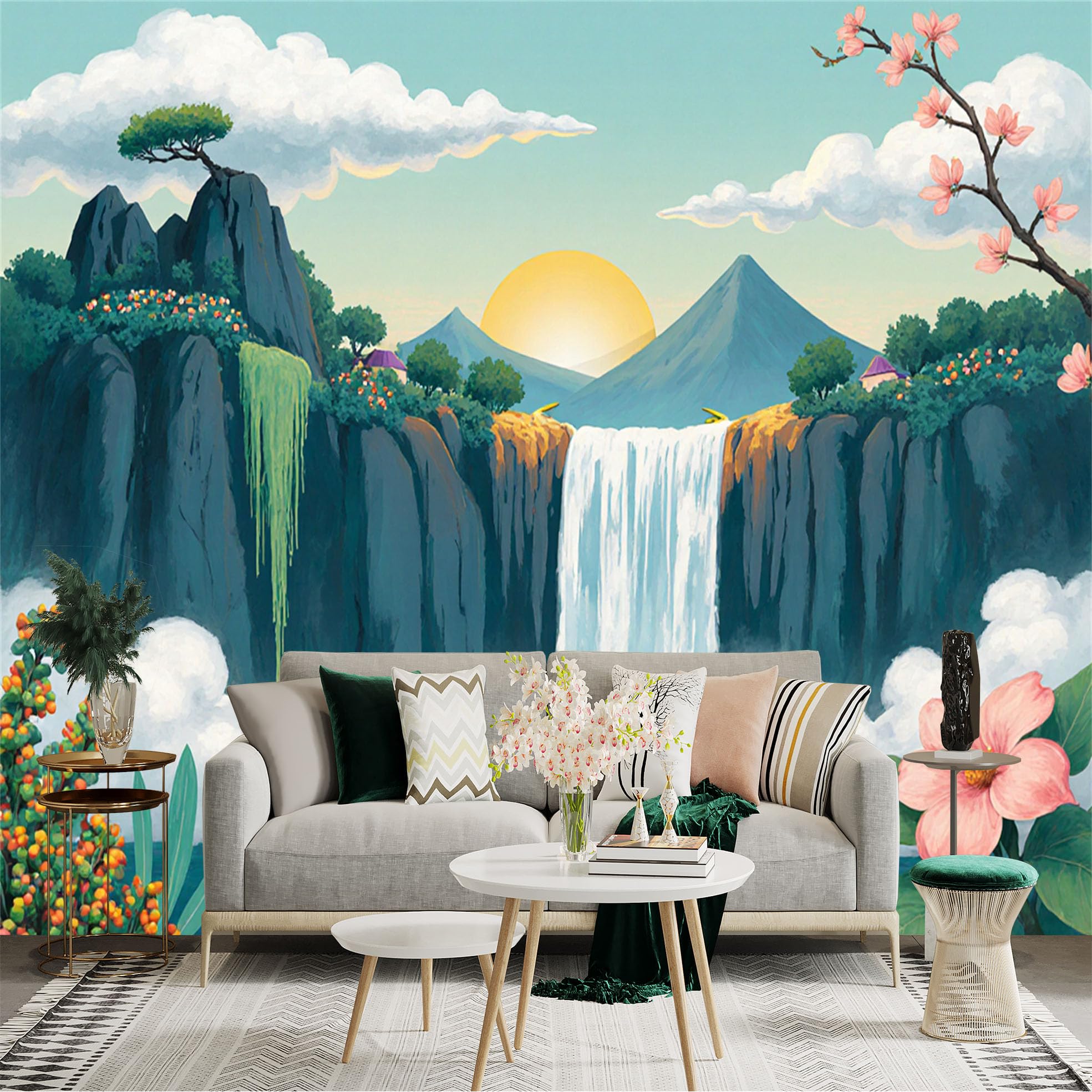 Custom Size Wall Sticker Mural， Scenic Waterfall with Sunlit Mountains， Lush Greenery and Pink Blossoms， for wall Decoration， peelandstick wall Decals.