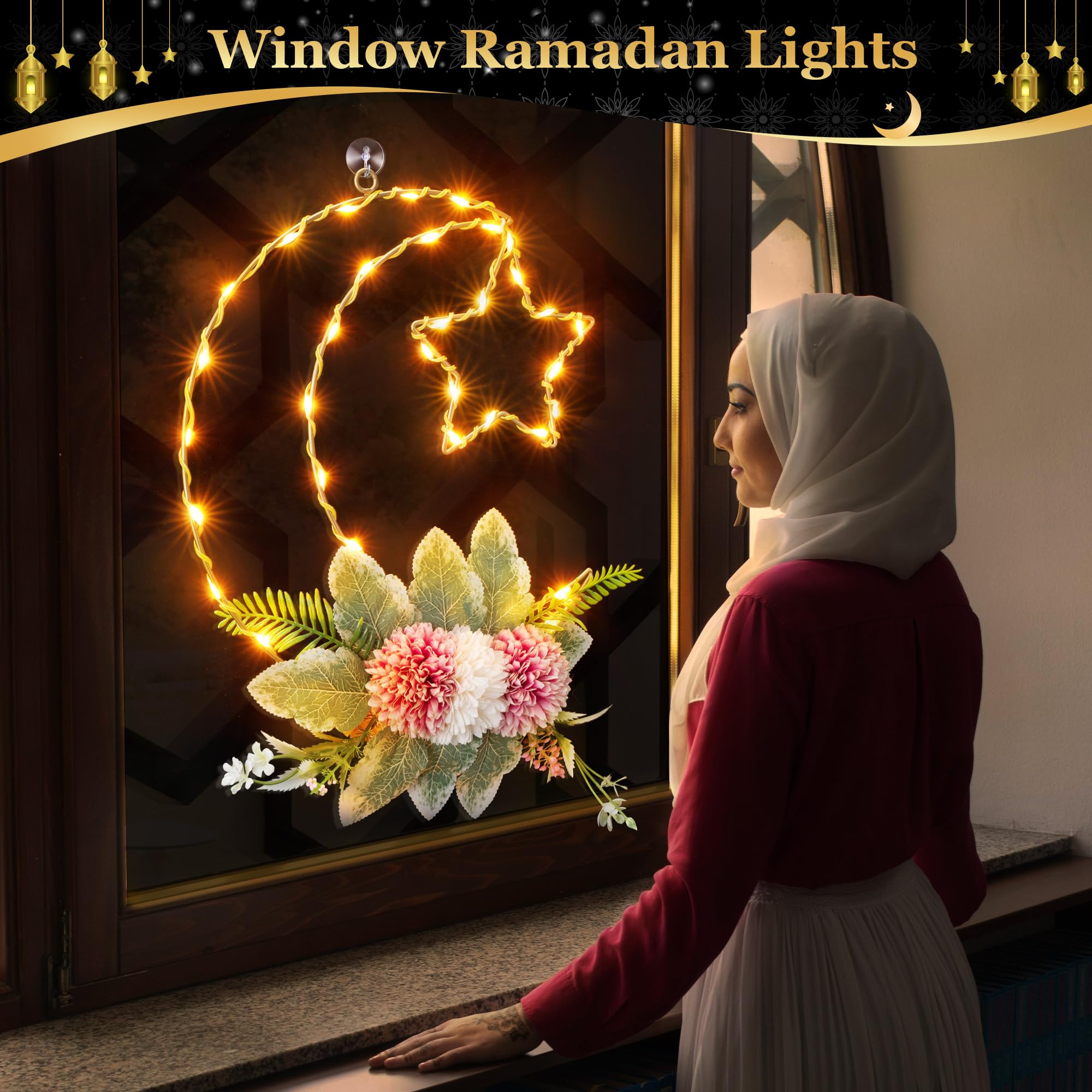 Large Eid Ramadan Decorations Star Moon Window Lights, 8 Modes/Timer Ramadan Wreath for Front Door Eid Mubarak Decorations, Artificial Floral Metal Moon Star Hanging Light Islamic Decor Wall Home, 13"