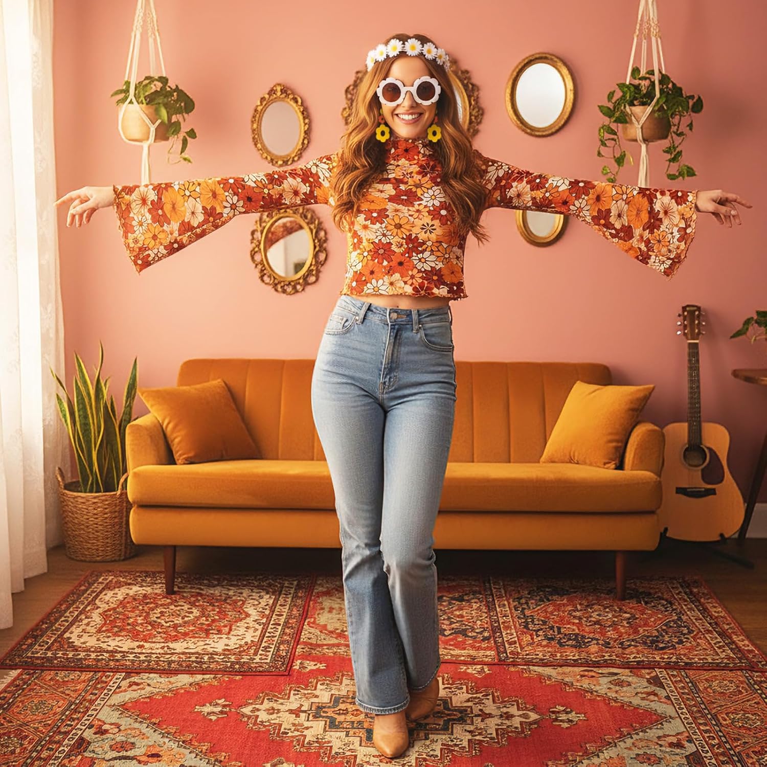 Shihanee 60/70s Hippie Costume Outfits Set for Women Bell Sleeve Floral Mesh Crop Top Glasses Earrings Headband Accessories