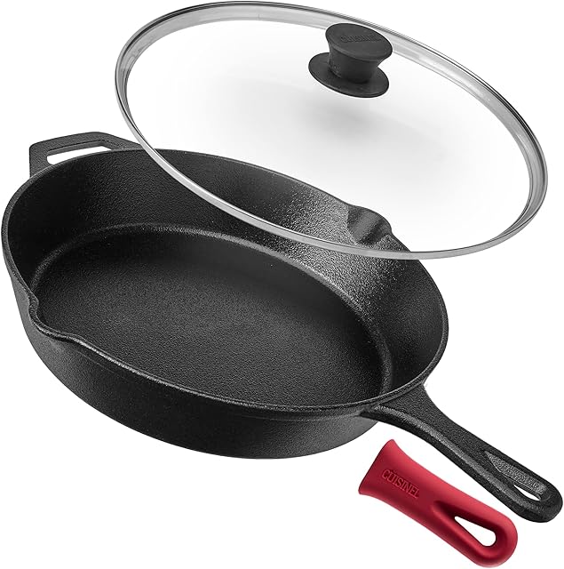 cuisinel Cast Iron Skillet + Glass Lid - 12"-inch / 30.48cm + Silicone Handle Cover - Pre-Seasoned Oven Safe Cookware - Indoor/Outdoor - BB Grill, Stove Top, Hob and Induction Safe