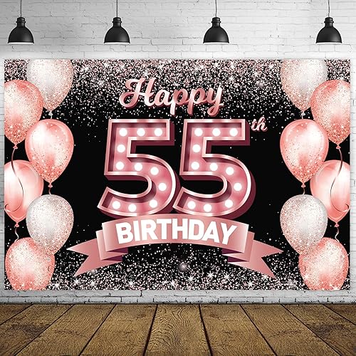 Cartel de feliz cumpleaños número 55 de color oro rosa con texto en inglés "Cheers to 55 años" de felicitaciones a los 55 años de edad, globos de