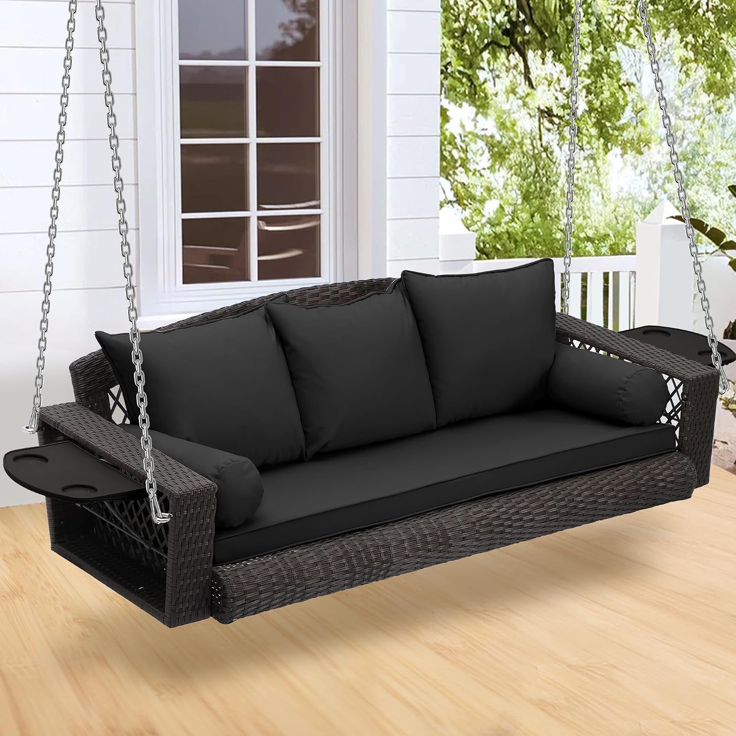 3-Person Hanging Porch Swing, Outdoor Wicker Hanging Swing Chair, 76inch Wicker Hanging Porch Swing Bench with Cushion and Adjustable Chain for Patio Backyard Poolside Garden (Khaki), Large