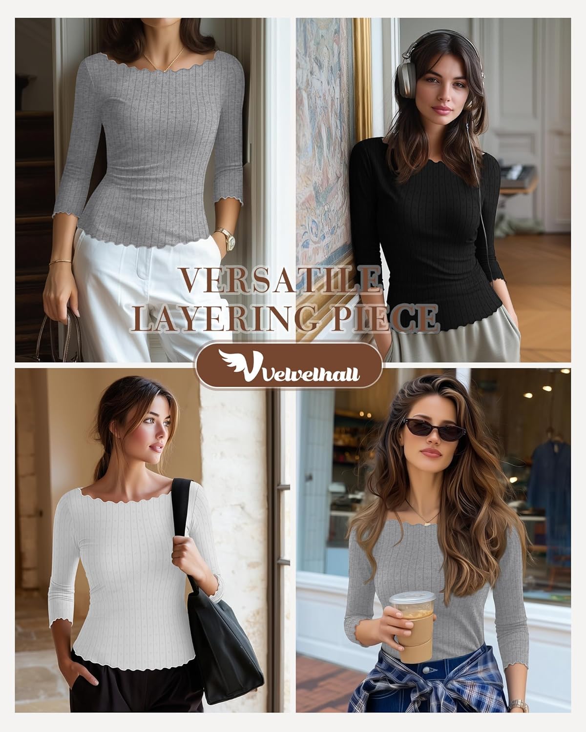 3 Pack Women's 3/4 Sleeve Boat Neck Tops Lettuce Trim Jacquard Shirts Slim Fit Casual Layering Basic Tees - Image 3