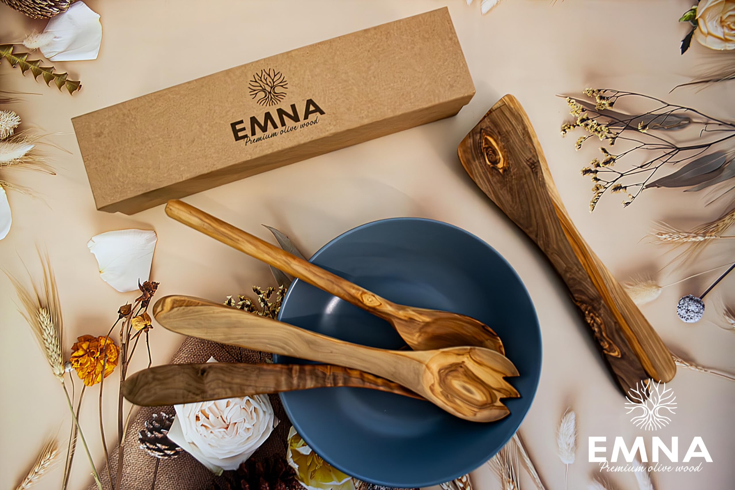 EMNA - 5-teiliges Olivenholz Küchenset | Das perfekte Geschenk für anspruchsvolle Feinschmecker | Geschenkset | Hauch von Eleganz für den kulinarischen Genießer | Handgefertigt | besondere Kochmomente