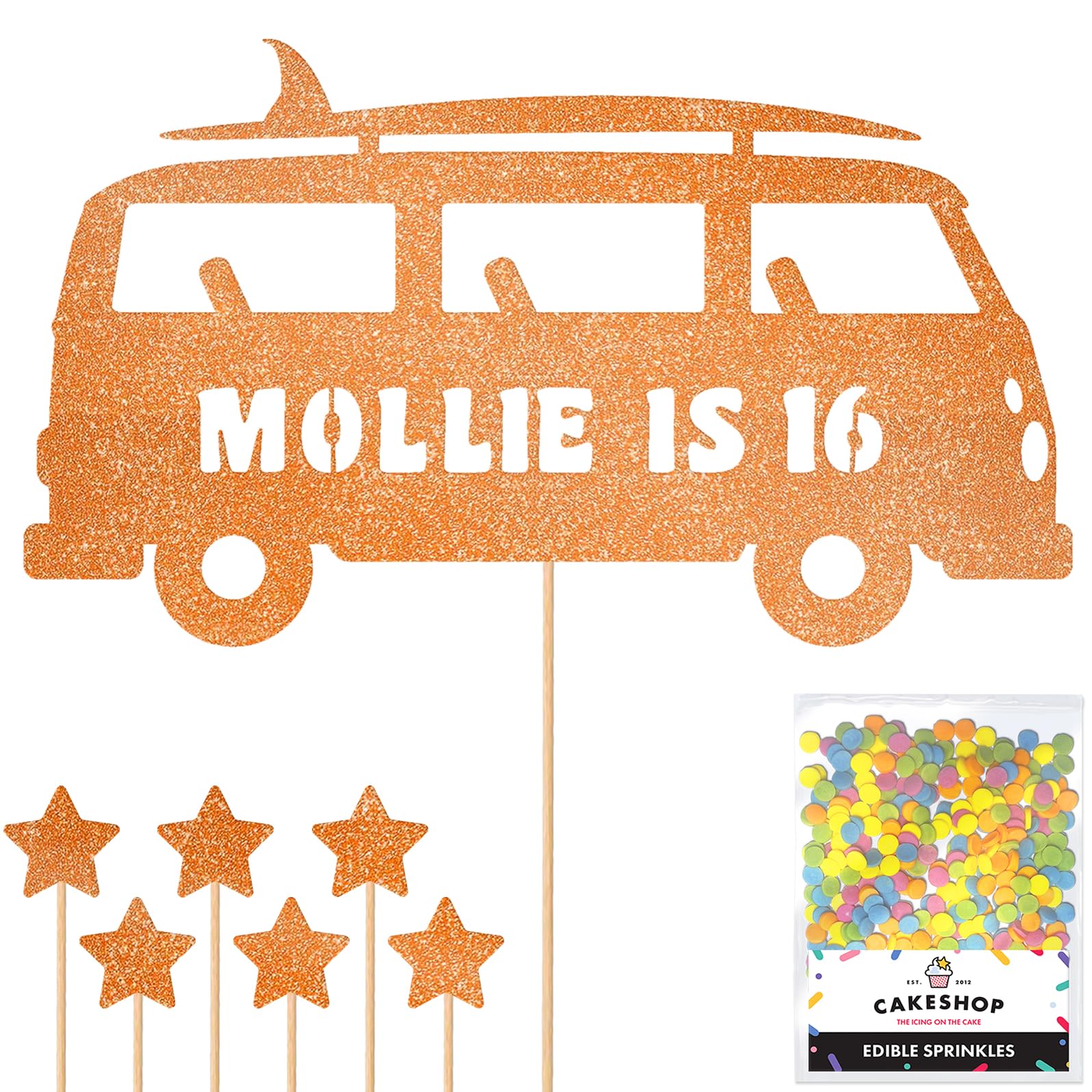 Personalised 60's Camper Surfer Surf Glitter Cake Topper- Orange Any Custom Age & Name Glitter Cake Decoration and Sprinkles - Happy Birthday Decorations - Personalised Toppers for Cakes by Cakeshop