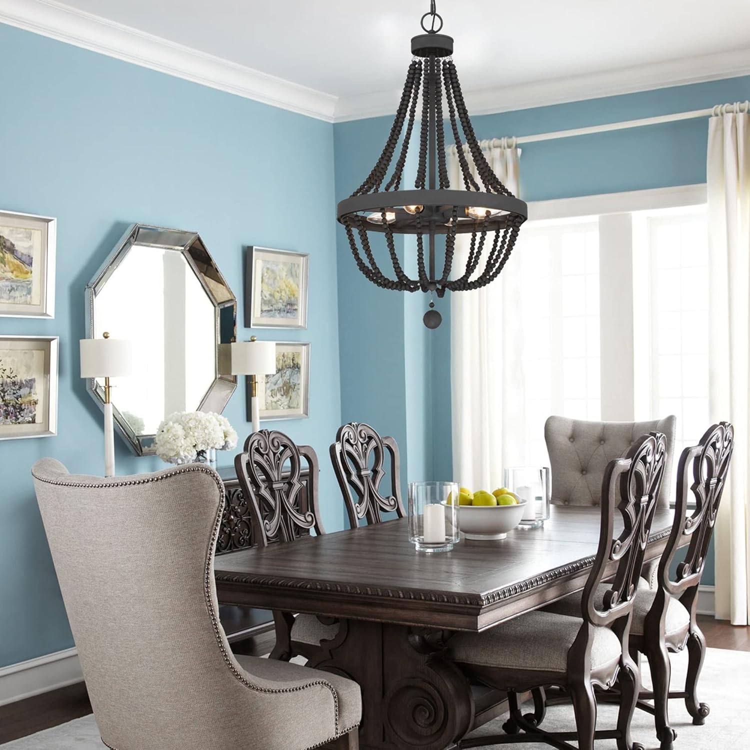 4 Light Candle Style Chandelier with Beaded Accents-ul Certified Black Farmhouse Rustic Metal Wood Dimmable