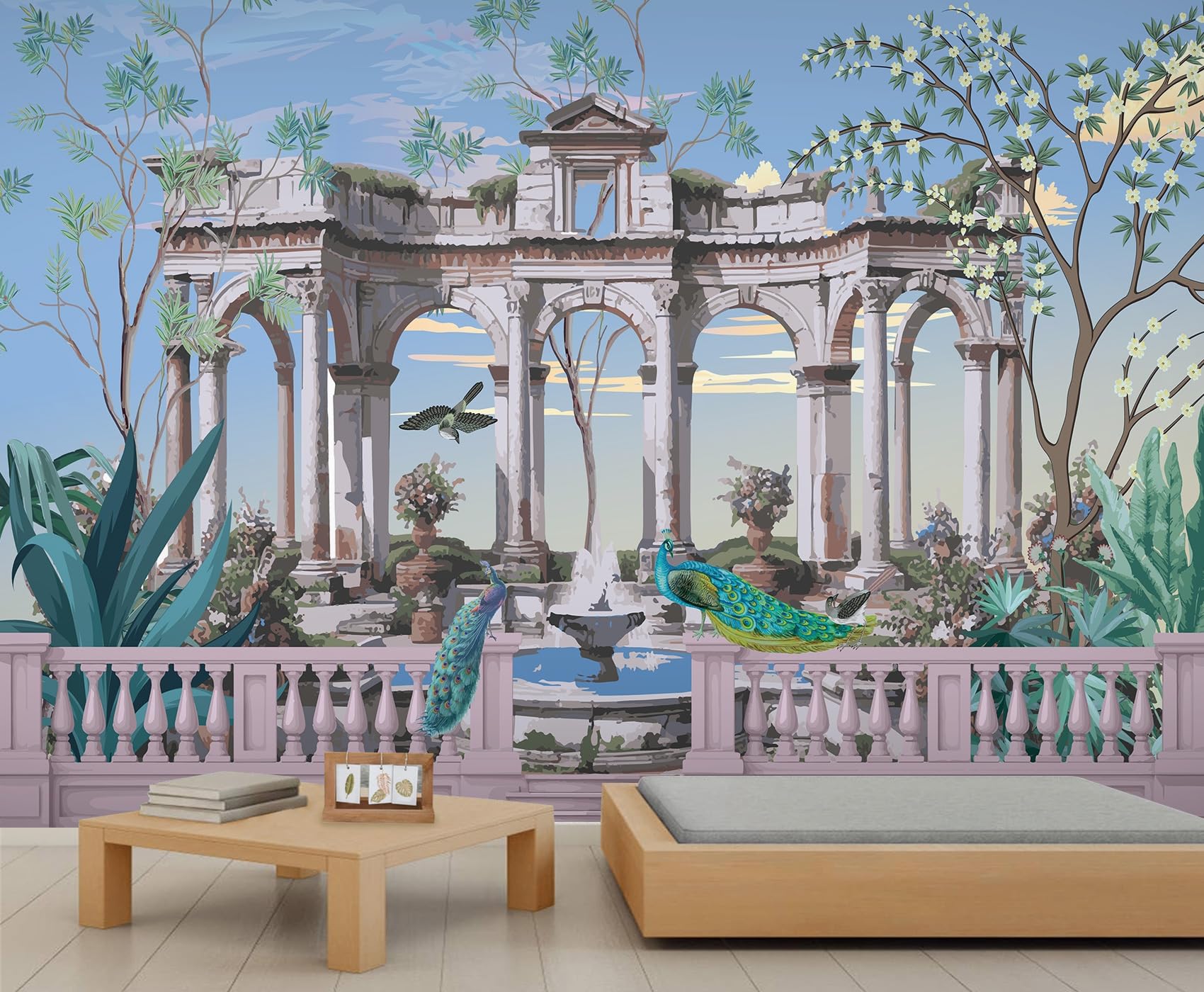 Papier peint mural rétro jardin nordique avec piliers en pierre pour salon