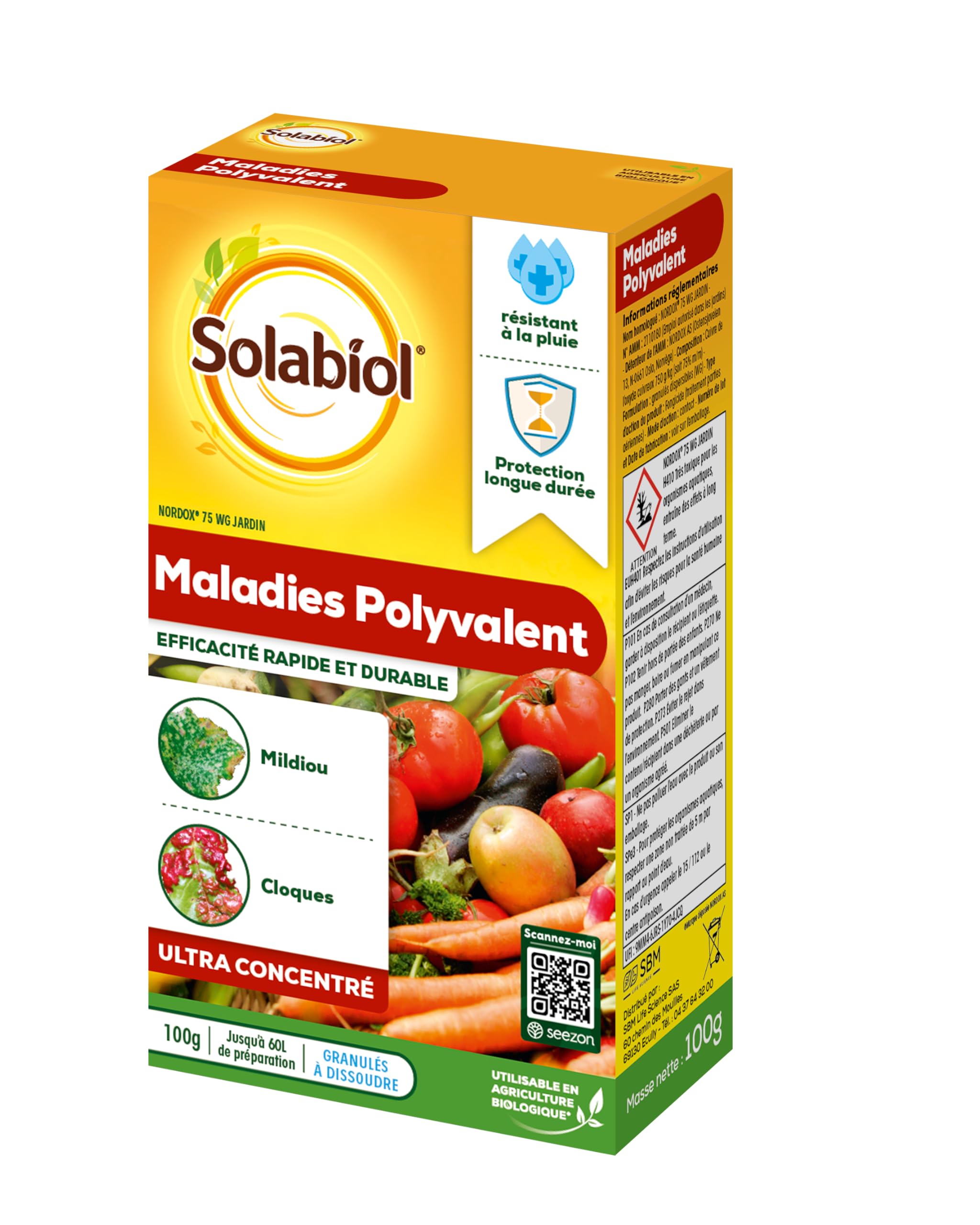 SOLABIOL Maladies Polyvalent - 60L de Solution - 100g | Action Rapide & Longue Durée - Préventif - Mildiou, Bactériose, Tavelure - Résiste aux Intempéries - SONOMAL100