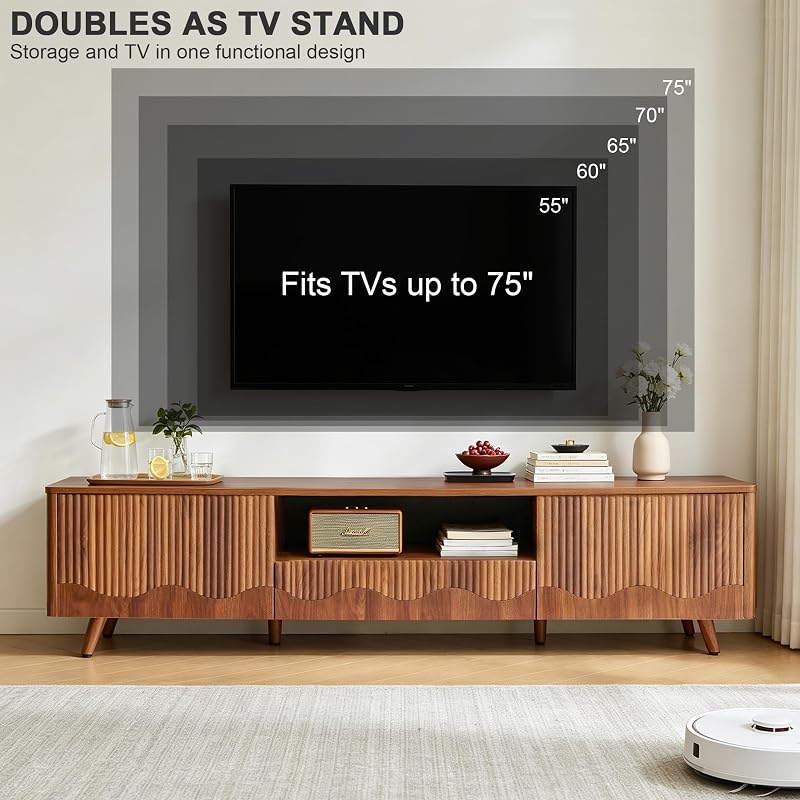BERRYMERRY Walnut 70” Fluted Wave TV Stand for TVs up to 75” image 5