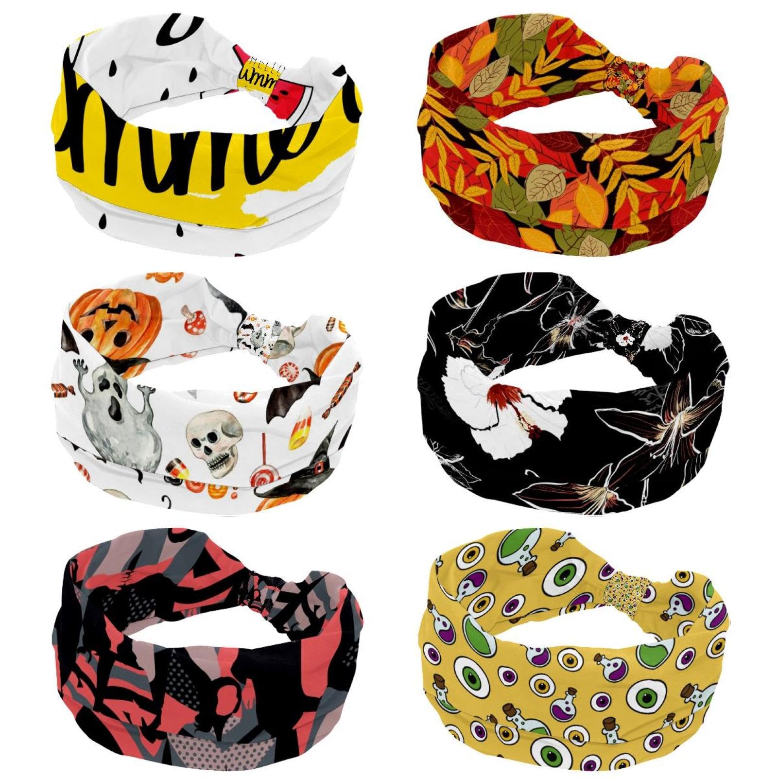 Lot de 6 bandeaux élastiques pour femme, motif feuilles d'arbre d'automne - Large bandeau antidérapant - Bandeau anti-transpiration pour entraînement, sport, gym, course à pied, fitness