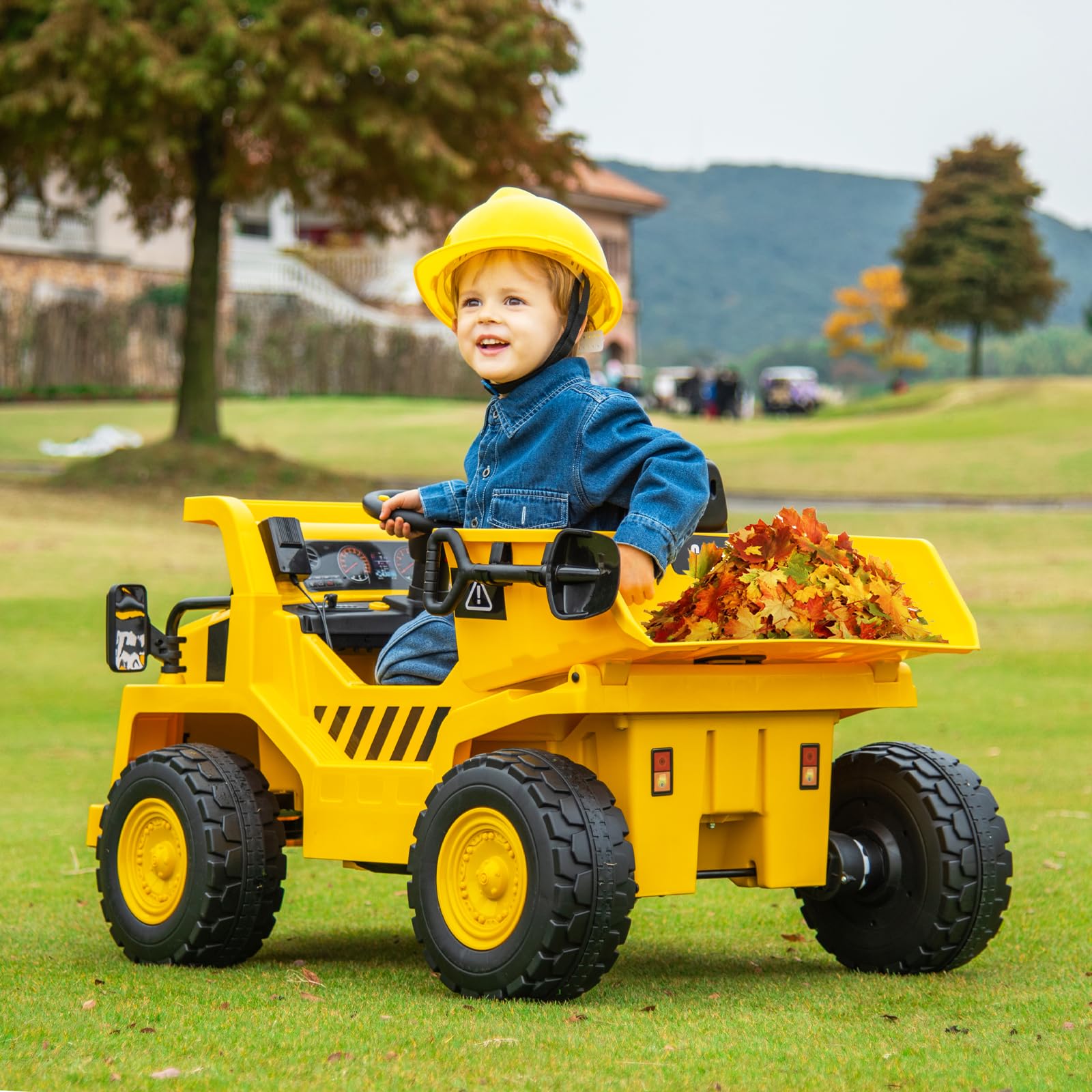COSTWAY Caterpillar Elektroauto für Kinder, 12V Muldenkipper zum Draufsitzen mit Sandschaufel & Kippbett & Megafon, Elektro Kinderauto mit Fernbedienung, Aufsitz Kipper für Kinder ab 3 Jahren