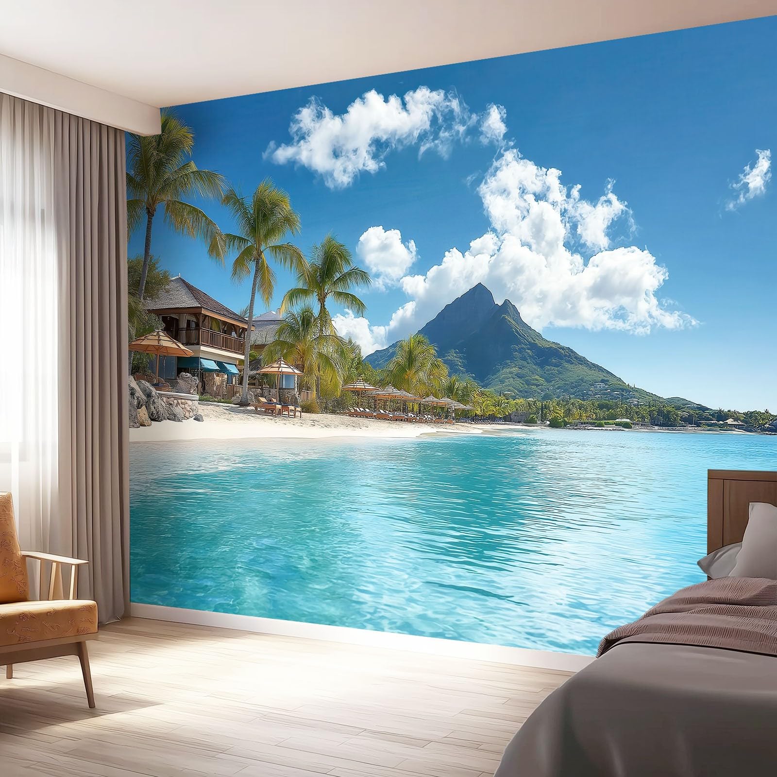 Fototapeta z włókniny 350 x 256 cm – fototapety do salonu, sypialni, biura, pokoju dziecięcego, jadalni – natura, plaża, tapeta z włókniny, tapeta ścienna, efekt 3D, morze, piaszczysta plaża, palma