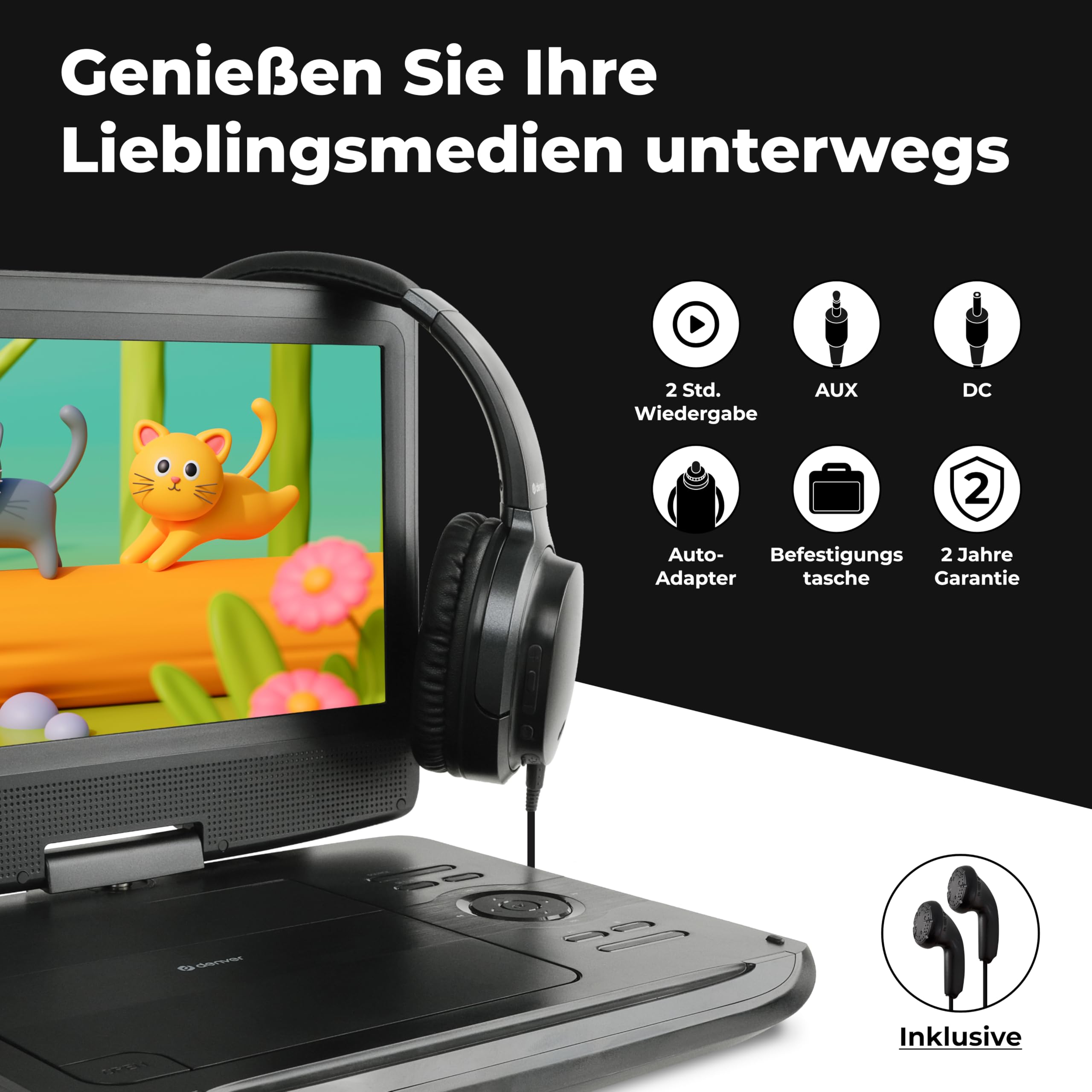 Denver MT-1097 Tragbarer DVD-Player 25.4cm 10 Zoll EEK: C (A - G) Akkubetrieb, inkl. 12V Kfz-Anschlu