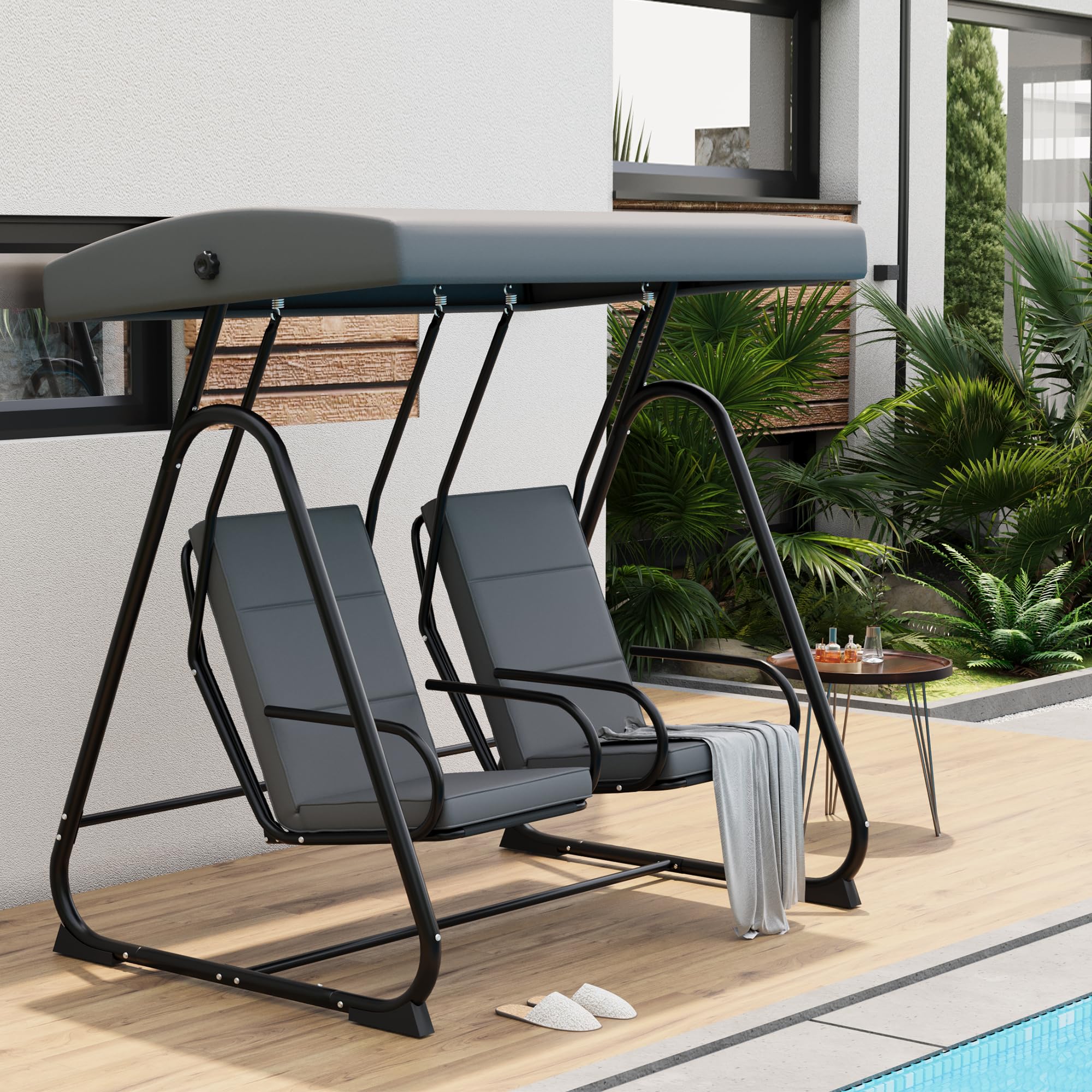 Photo 1 of ***FINAL SALE NO RETURN *** GarveeLife 2 Person Porch Swing Chair, Heavy Duty Outdoor Patio Swing Glider with Adjustable Canopy & Removable Cushions, Independent Swing Chairs for Garden, Balcony, Poolside, Backyard, Dark Grey