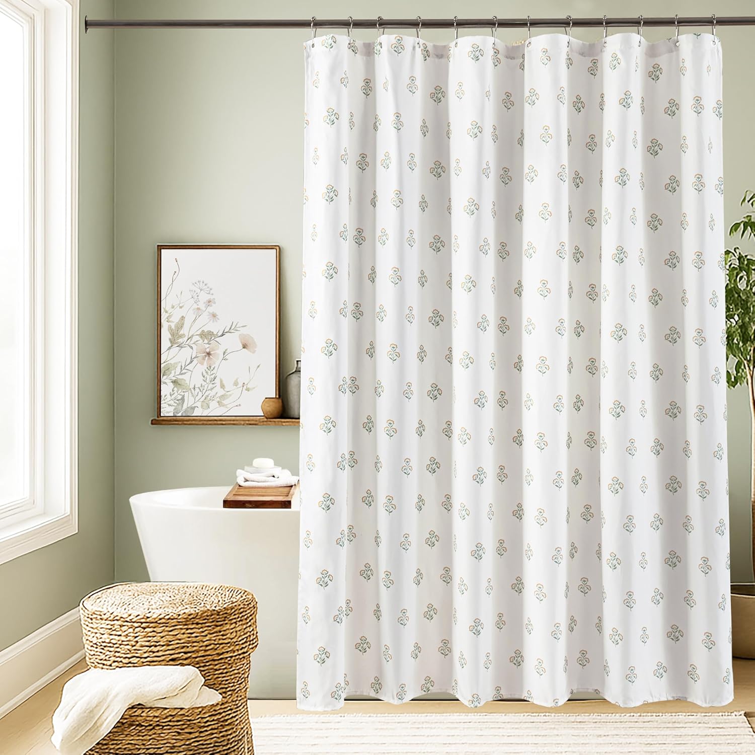 Lino Rosa Blue and Green Floral Shower Curtain, Light Blue and White Spring Summer Shower Curtains for Bathroom, Coastal Farmhouse Botanical Flower Block Print Cloth Fabric Bath Curtain, 72x72