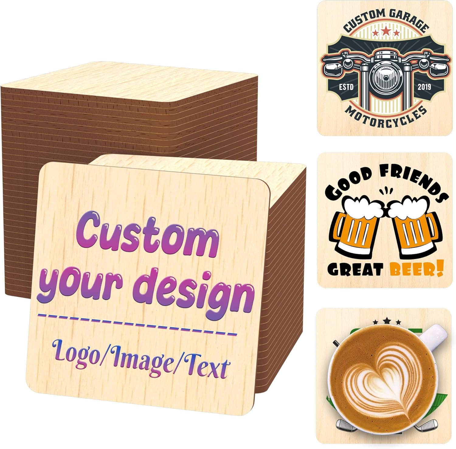 20–200 Pcs Custom Coasters, Personalized Wooden Coasters UV Printed with Photo or Logo, Natural Wood Drink Coaster, Gifts for Wedding, Family Reunion, Anniversary & Housewarming (Round)
