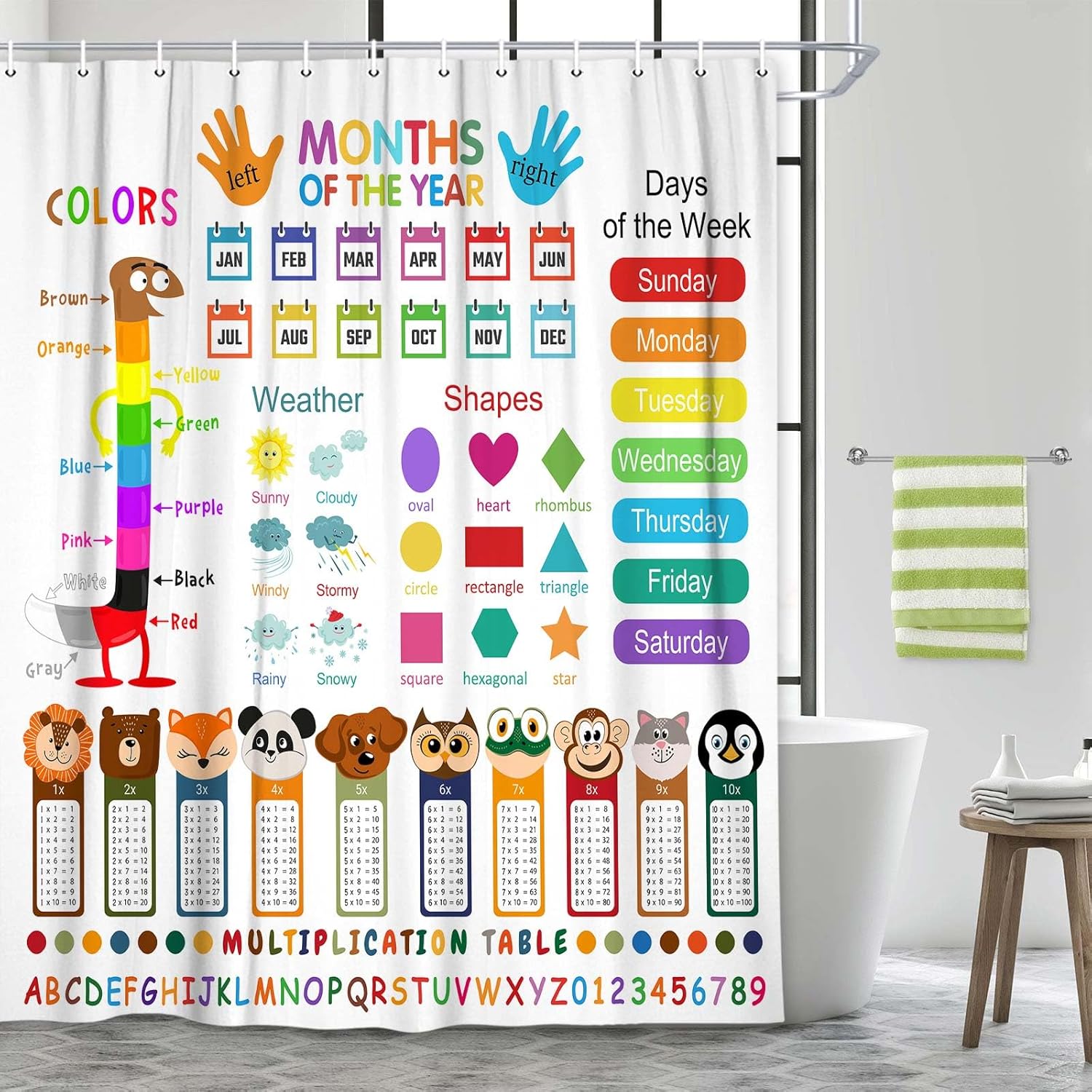 Kids Shower Curtain for Bathroom,Educational Shower Curtains with Colorful Knowledge Design for Girls Boys,Iridescent Alphabet Cartoom Multiplication Table Waterproof Fabric Bathtub Decor with Hooks