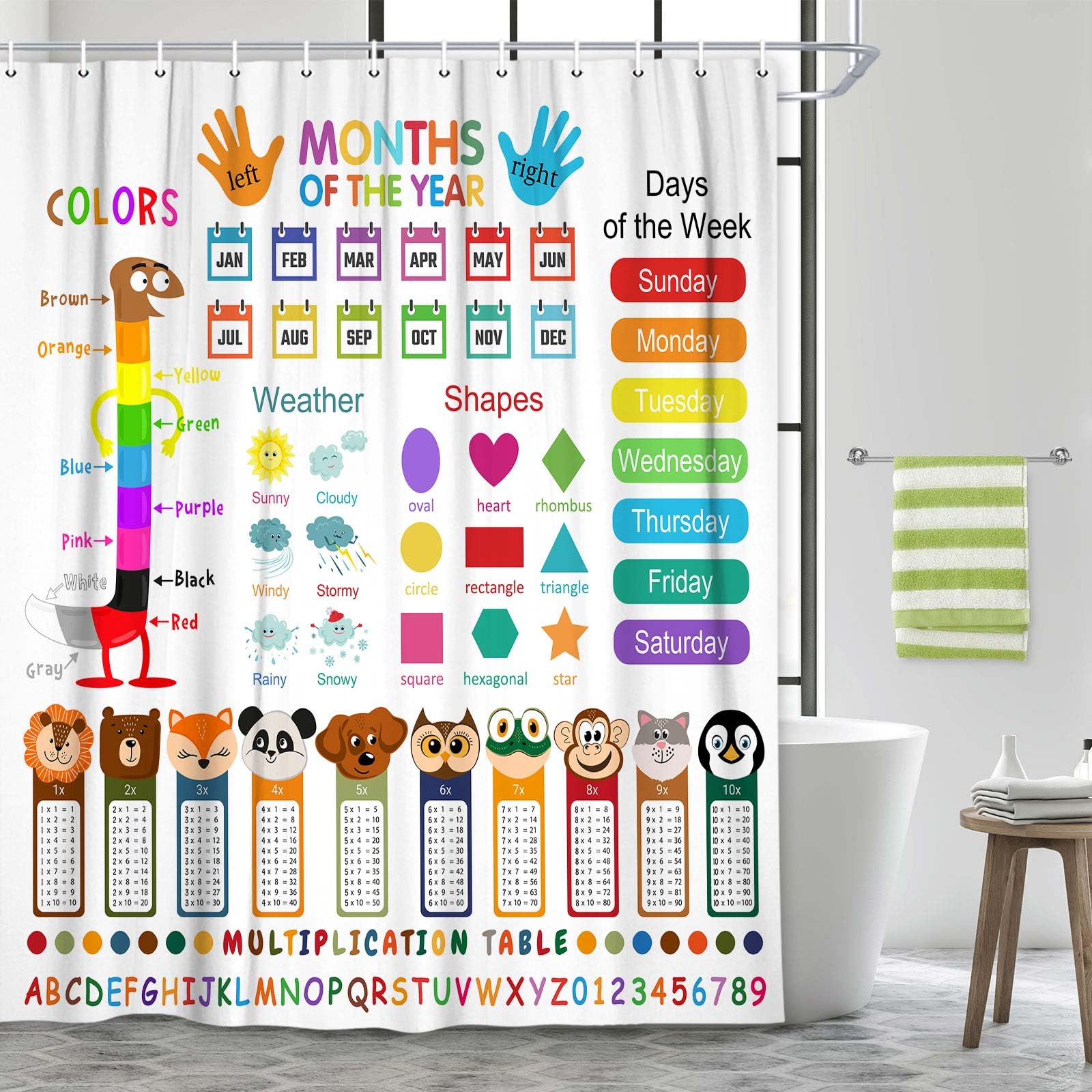 Funny Kids Shower Curtain, ABC Educational Restroom Curtain with Vehicle Smathematical Knowledge for Boys Girls, Gute Pupil Students Learning Tools