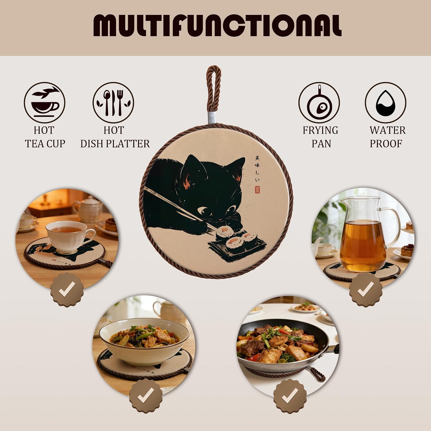 Black Cat Eating Sushi Ceramic Trivet for Hot Dishes Pots and Pans, Cat Lover Lady Mom Grandma Gifts, Funny Black Kitten Hot Pads for Kitchen Countertops Table Dinning Room Home Decor image 3
