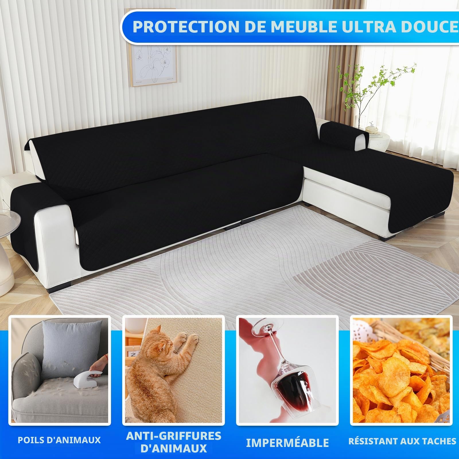 Impermeable Housse Canape d'angle 3 Places, Housse Canapé d'angle avec Gauche/Droite Réversible, Antidérapante, pour Chiens Et Chats, Noir