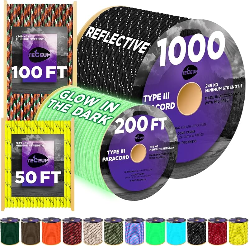 Cuerda reflectante Paracord 550 lb 4 mm – Glow para Cord – Cuerda utilitaria para acampar | 550 Paracord tipo III, 50 pies a 1000 pies, más de 40 colores, cuerda utilitaria que brilla en la oscuridad para equipo de supervivencia, caza y acampada, cordón para tienda