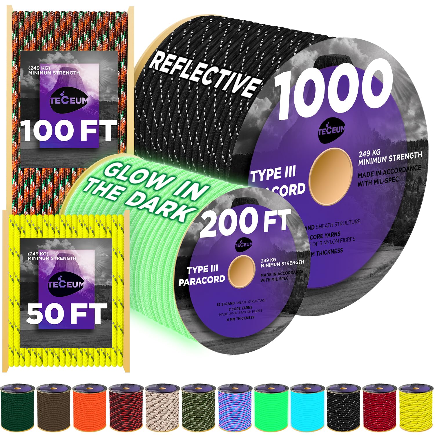 TECEUM Reflective Paracord Rope 1000 – 1000ft/200ft/100ft/50ft – 40+ Colors – Glow in The Dark – para Cord – Utility Rope for Survival, Hunting & Camping Gear – Nylon String,...
