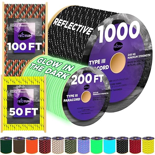 TECEUM Reflective Paracord Rope 1000 – 1000ft/200ft/100ft/50ft – 40+ Colors