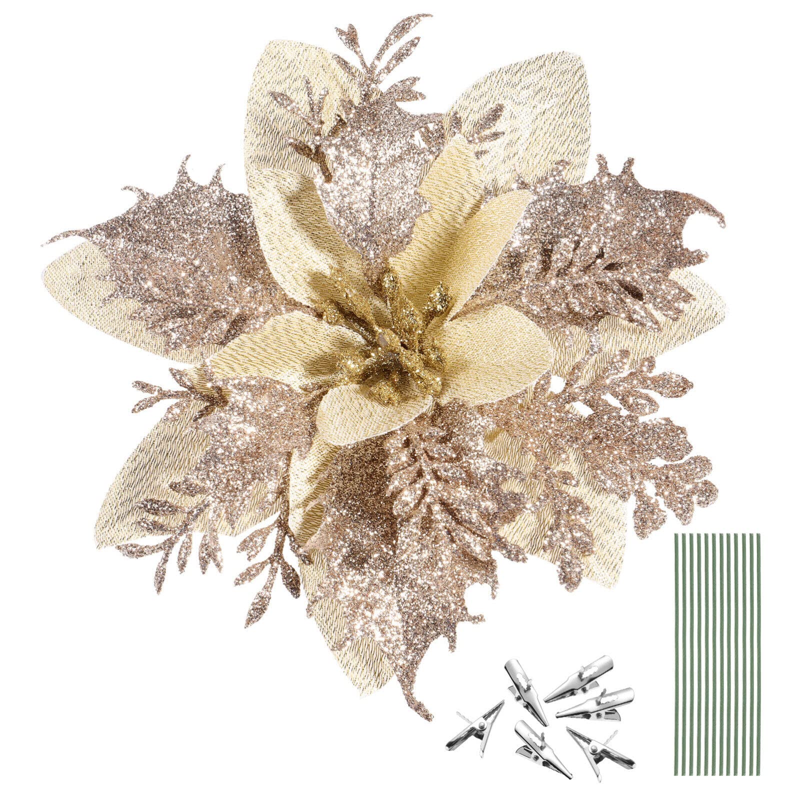 TOYANDONA 12 Stück Weihnachten Glitter Weihnachtsstern Künstliche Blumen Dekorationen mit Clips und Stielen Glitzer Weihnachtsbaum Weihnachtsstern Dekorationen für Weihnachten Hochzeit Neujahr