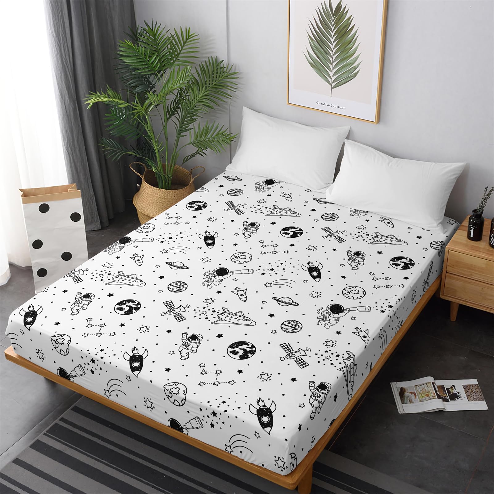Chickwin Fitted Sheets Bedding Sheets, Animal Print Double King Single Size Bed for Deep Pocket 30cm - Shrinkage Fade Resistant Easy Care (Super King,spaceship)