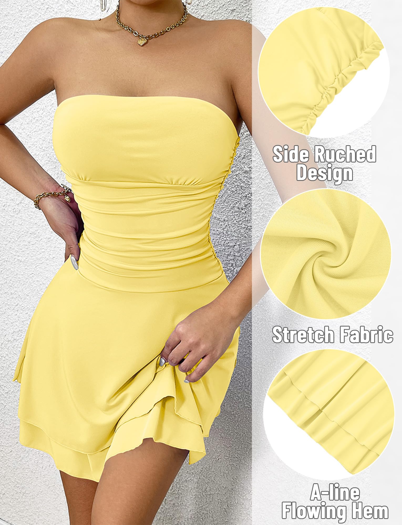 Abito Aderente con Spalle Scoperte da Donna, Vestito Corto Sexy Discoteca, Vestiti Pieghe Moda Estivo Senza Spalline, Club/Festa/Cocktail, XS-L