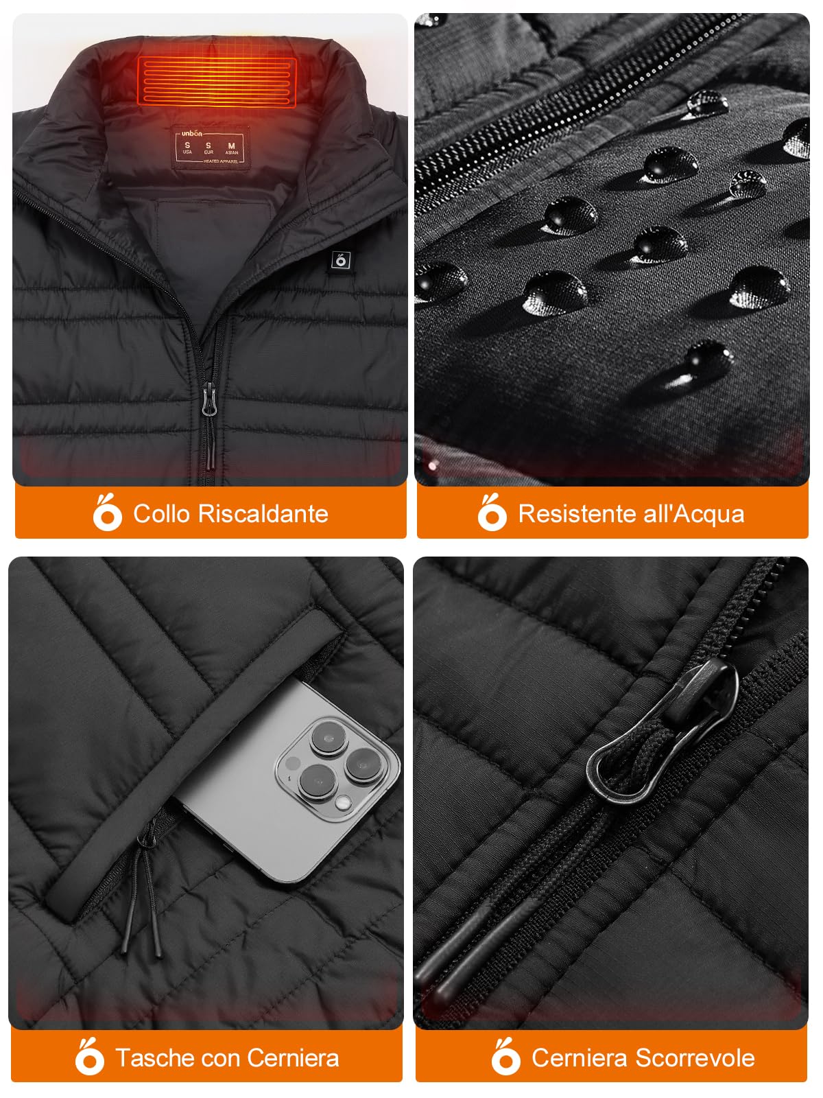 UNBON Gilet Riscaldato Uomo con Batteria USB 10000mAh, Giubbotto Riscaldato Uomo con 3 Temperature 6 Zone di Riscaldamento, Giacca Riscaldata Uomo Gilet Riscaldante Elettrico per Moto Caccia