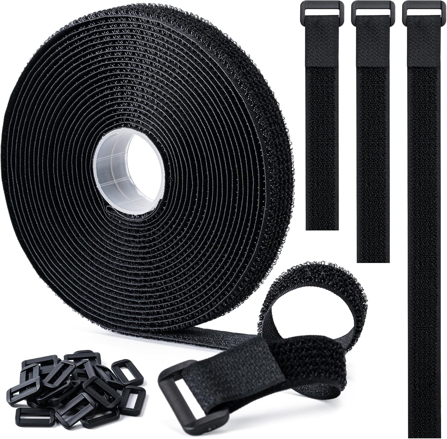 Photo 1 of 1" x16Ft Hook and Loop Straps with 25 Plastic Buckles, Adjustable Fastening Cable Straps, Free Cut Length, Reusable Nylon Cable Ties for Organizer or Storage, Black