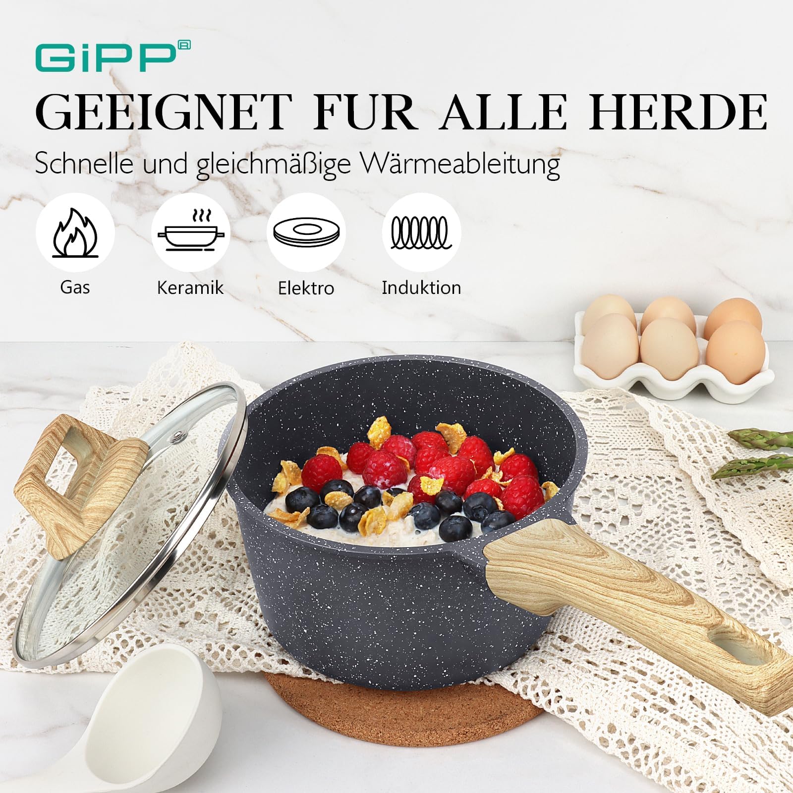 GiPP Casseruola da 20 cm, piccola casseruola a induzione, con coperchio, rivestimento antiaderente in granito, manico in legno, pentola da 3.6L, per induzione, senza PFOA (grigio, 20cm)