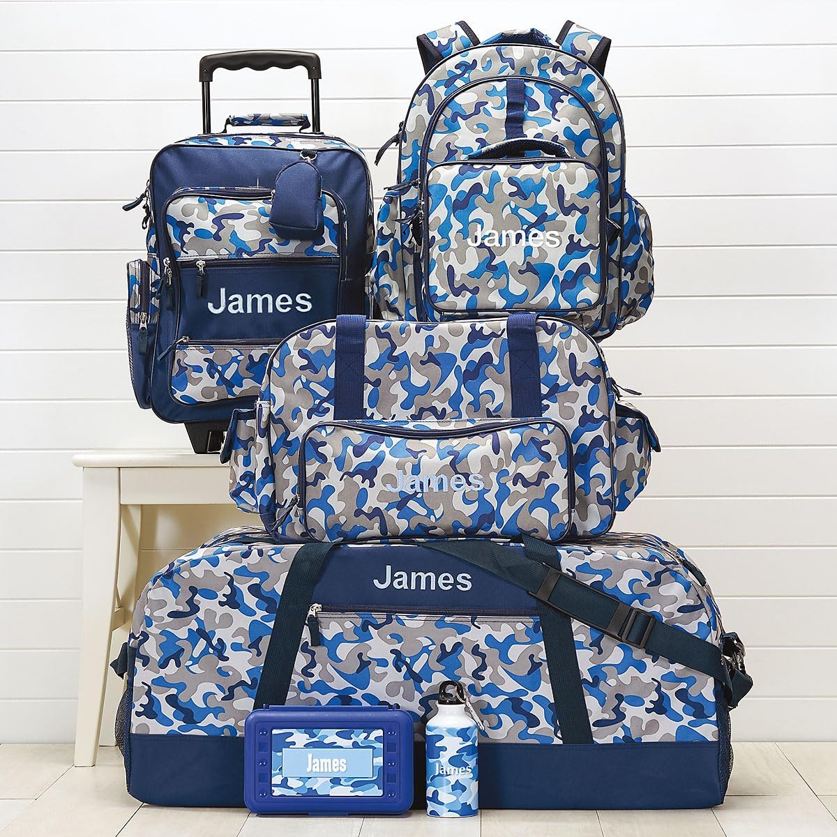 Lillian Vernon Personalized Rolling Luggage for Kids, 5-Pocket Blue Camo Suitcase Set With Clip-On Pouch, Customizable Boys Travel Carrier on Wheels, 5W x 12