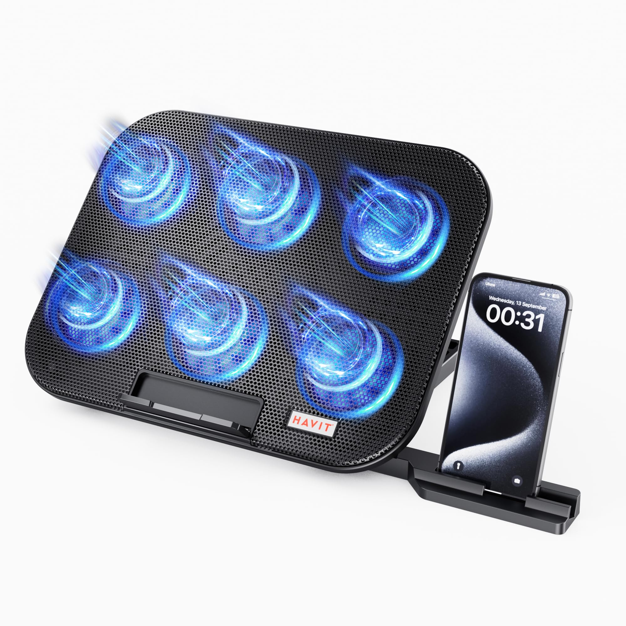 HAVIT Laptop Cooling Pad with 6 Quiet Fans and Adjustable Heights for 12-14.1 Inch Laptops, Dual USB Ports, Phone Holder, Efficient Cooling Stand for