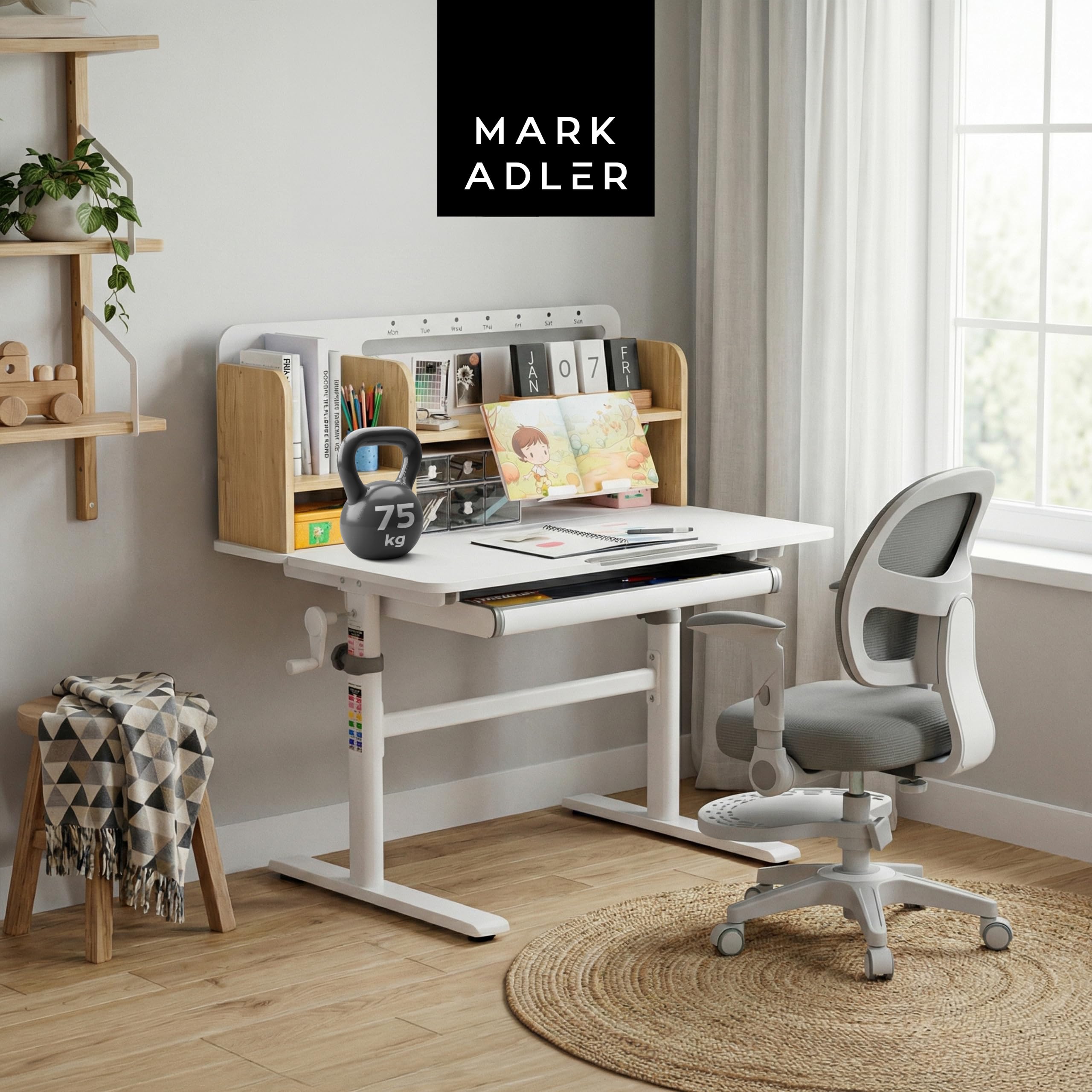 TULANO Mark Adler Study 5.0 Wood – Schreibtisch Kinder ab 6 Jahren höhenverstellbar – Ergonomischer Kinderschreibtisch neigbar mit mitwachsender Funktion, Schublade & Buchstütze – 90 x 60 cm – Eiche