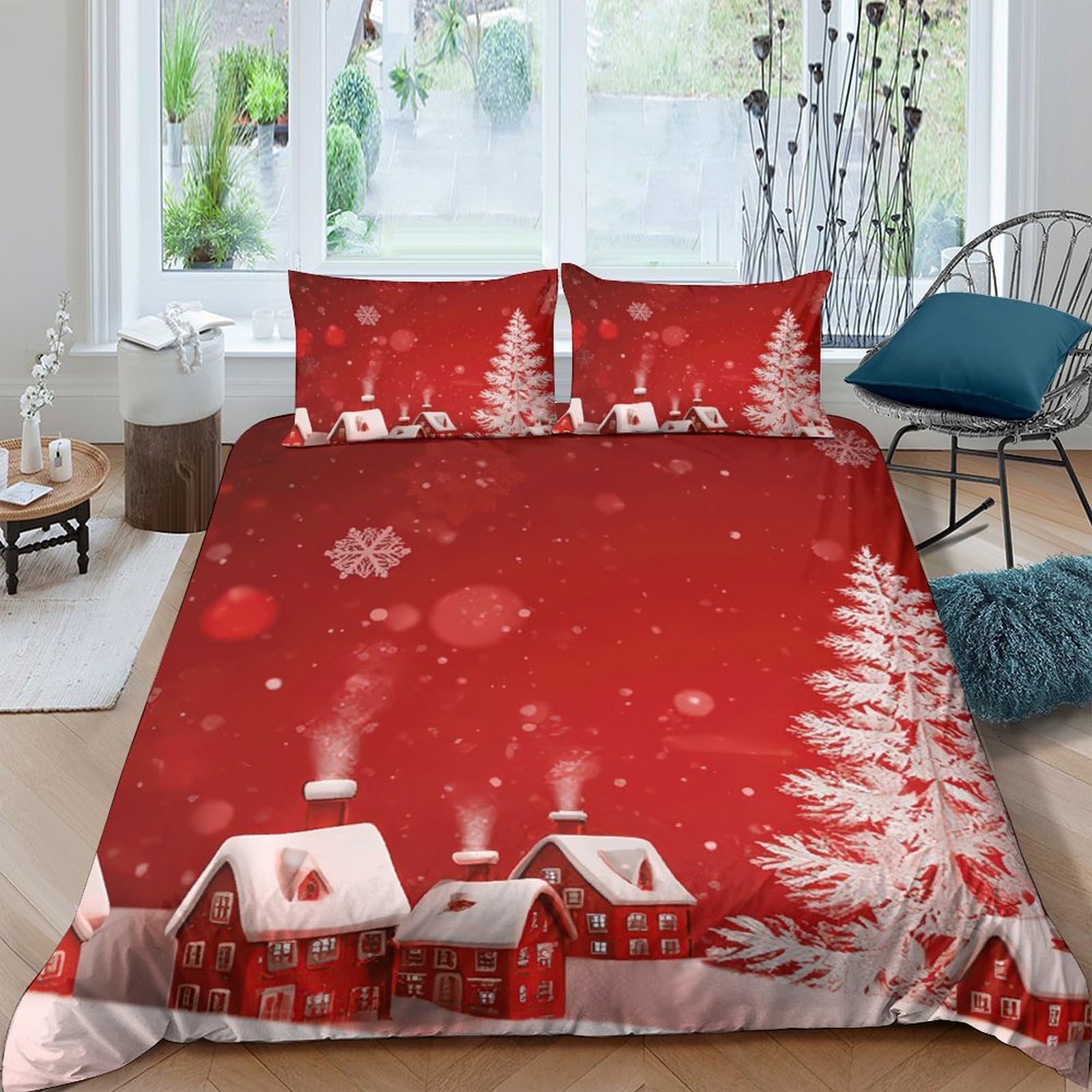 Ctjqhvkz Style-1 3D Printed Red Christmas Village Fitted Sheet Microfiber Bedroom Decor Snowy Forest Mattress Cover For Home Guest Room Single（135X200cm）