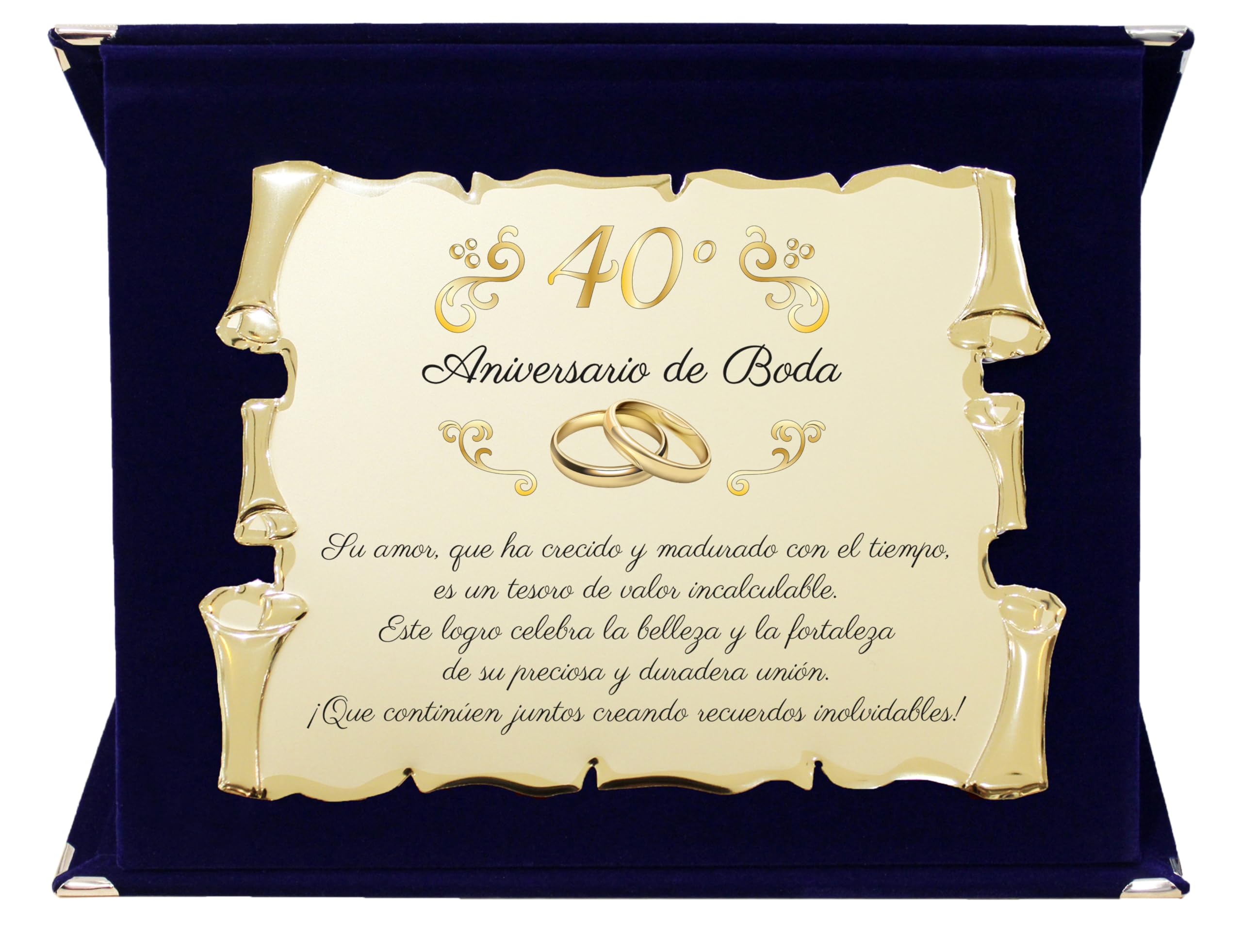 Placa de Aniversario de Bodas 40 Años | Targa Aluminio Dorado con Forma de Pergamino y Estuche de Terciopelo Azul Marino