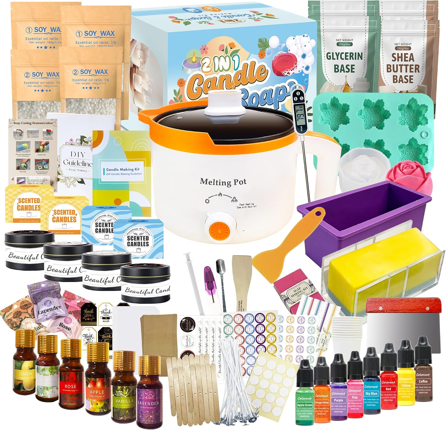Susanou DIY 2-in-1 Candle & Soap Making Kit for Beginners, Complete Candle and Soap Craft Supplies Kit with Melting Pot, Thermometer, Soy Wax, Soap Base, Fragrance Oils, Molds & Gift Packaging