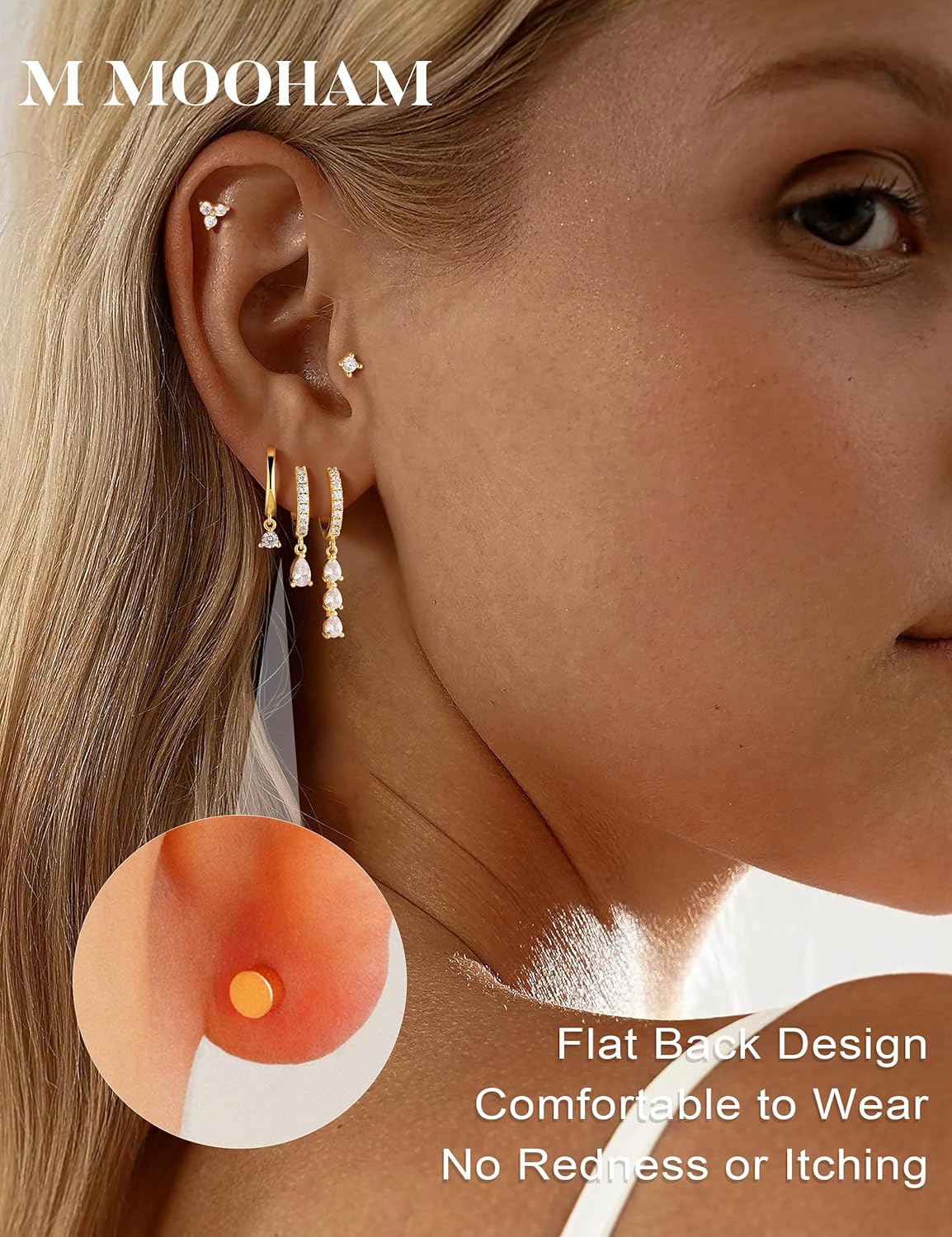 M MOOHAM Gold Dangle Earrings Set for Women, Hypoallergenic 14K Real Gold Plated Drop Dangling Earrings Stack Dainty CZ hoop Earring Flat Back Stud Cartilage Earring Jewelry Gifts for Women thumbnail