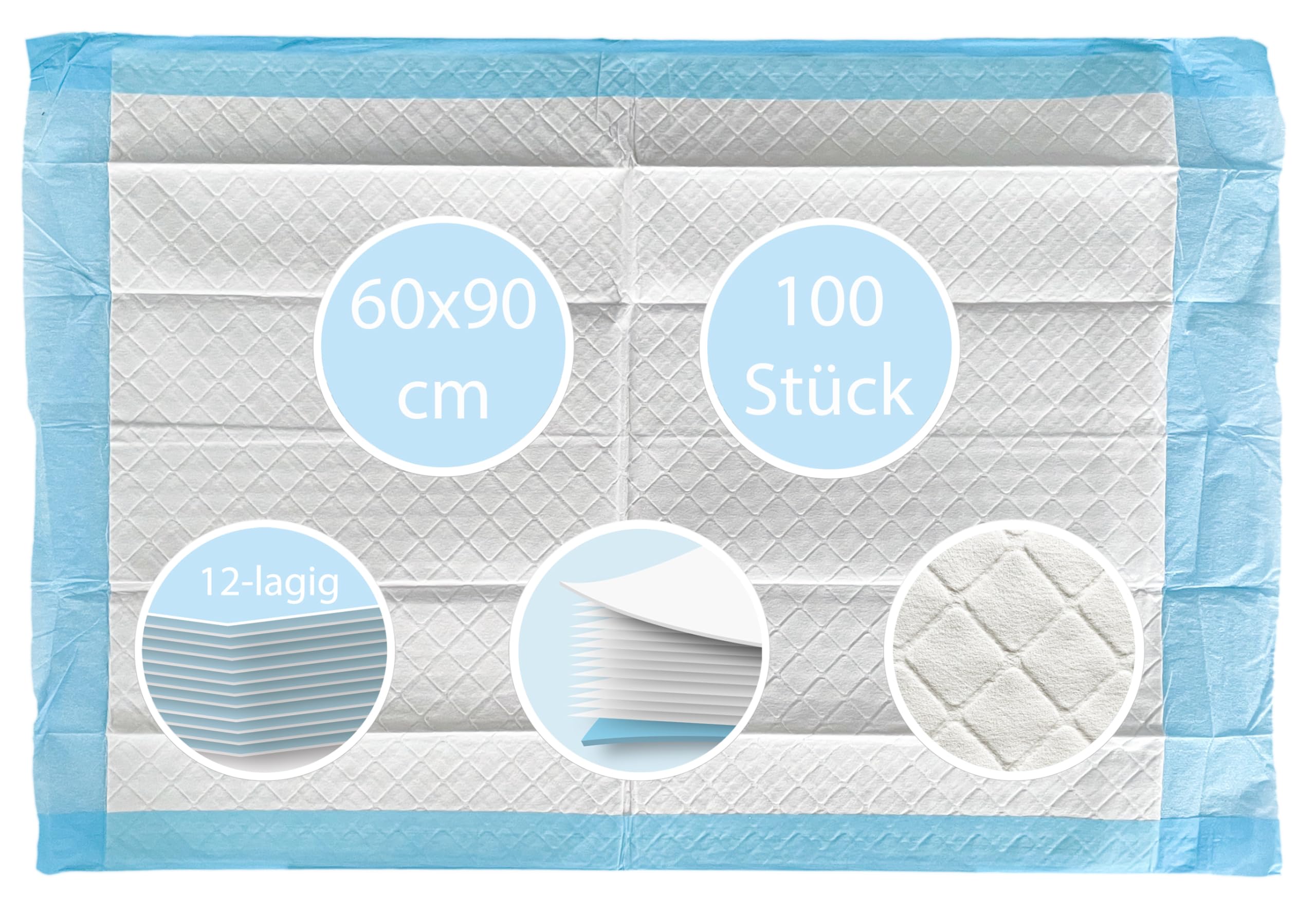 TIGA-MED Krankenunterlagen 60x90cm | 12-lagig | 100 Stück | Trainingspads | Wickelunterlagen für Babys | Einmal Patientenunterlagen | Inkontinenzunterlagen | Welpenunterlagen