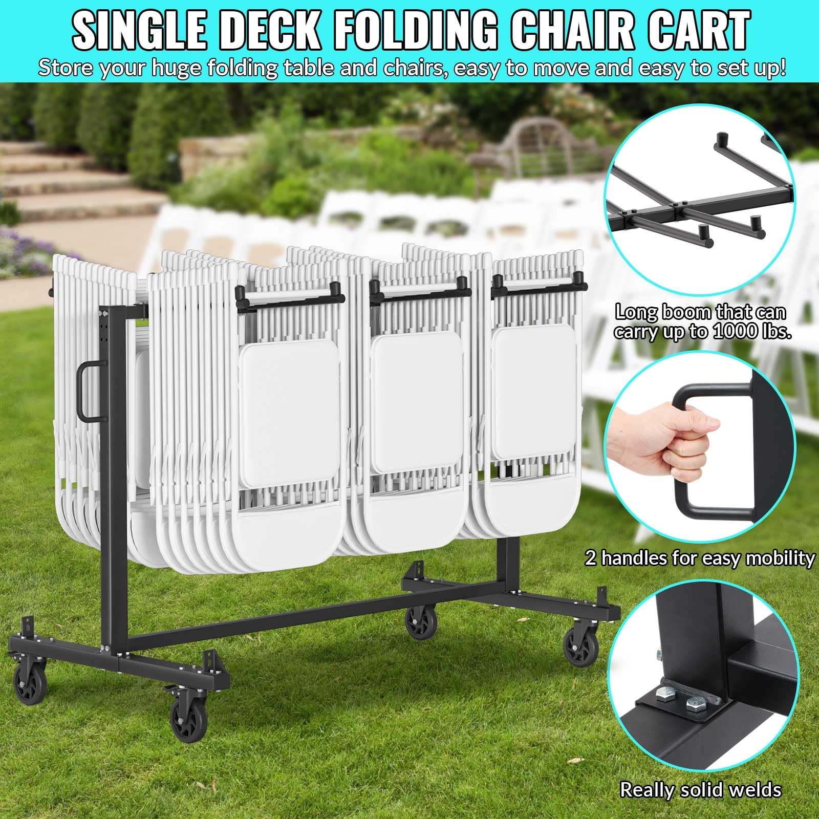 de almacenamiento plegable para sillas de alta resistencia con ruedas Capacidad para 42 sillas límite de peso de 453.6 kg plataforma de almacenamiento de metal con cubierta exterior y rue