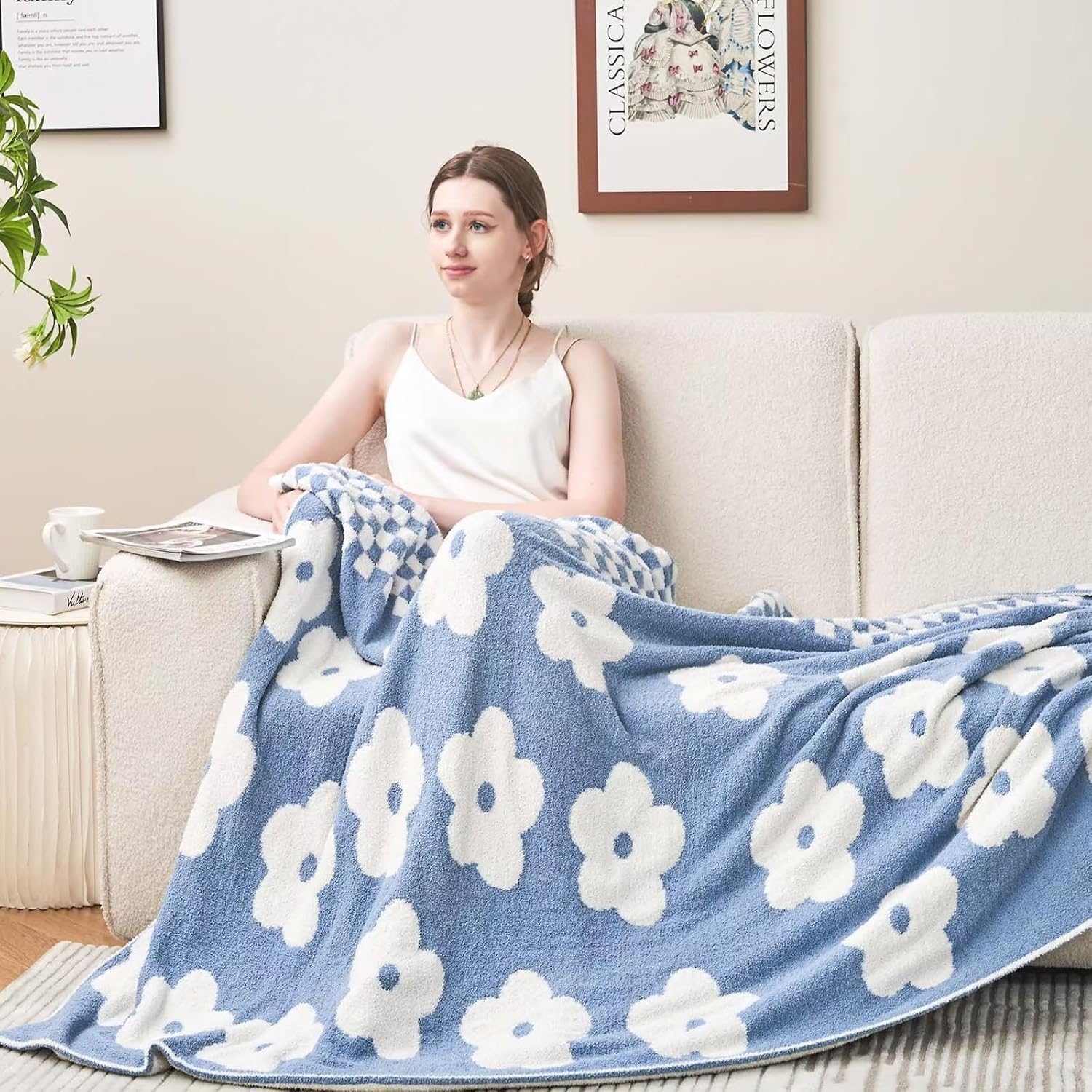 Checkered Throw Blanket, Dusty Blue Super Soft Knit Breathable Throw Blanket, Cozy Fluffy Reversible Checkerboard Flower Fuzzy Blanket for Couch Sofa Bed Living Room Decor 60 x 80 Inch - Image 2