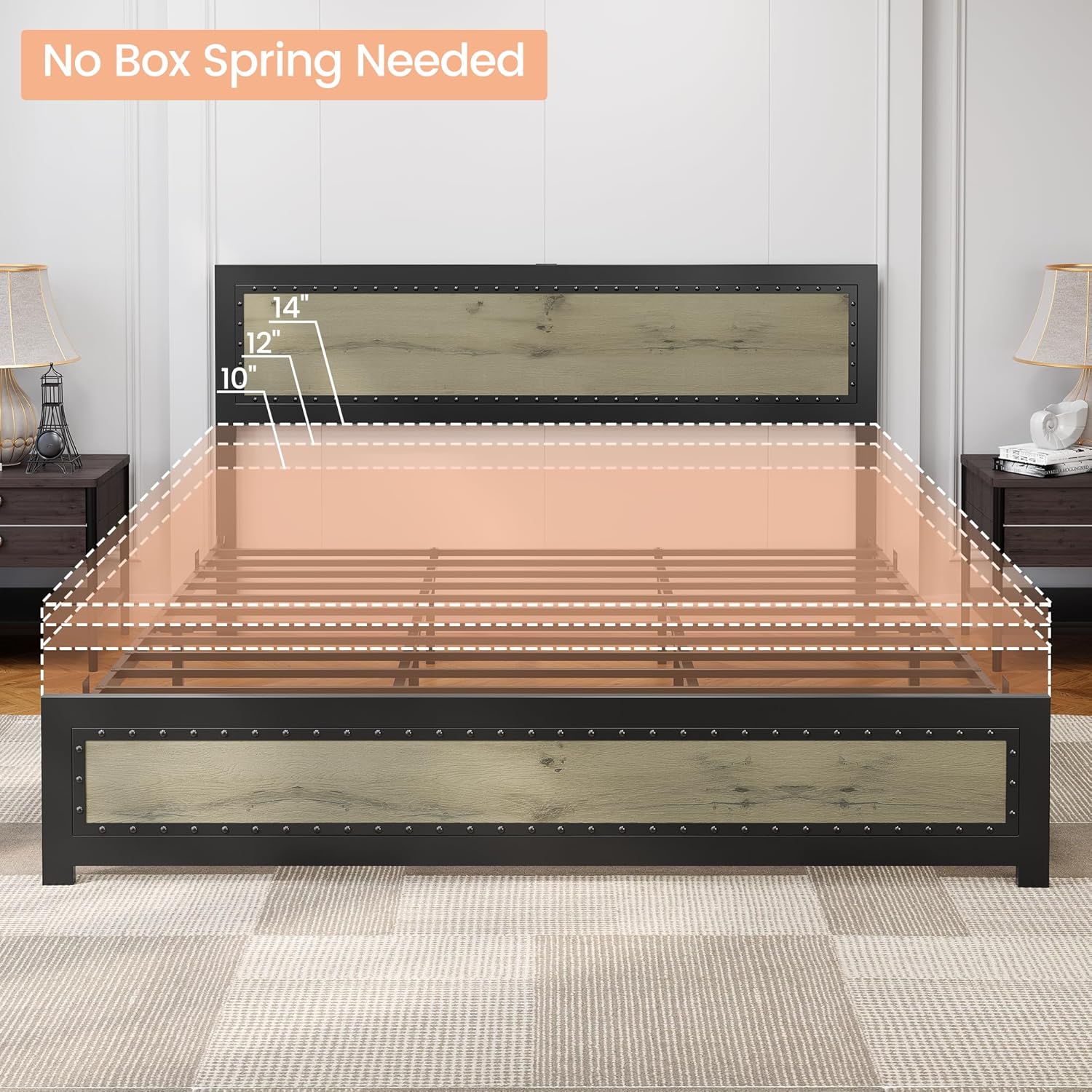 GAOMON Full Size Industrial Bed Frame with Headboard and Charging Station, Sturdy Metal Platform Bed Frame with Wood Accent, No Box Spring Needed, Easy Assembly, Wash Grey